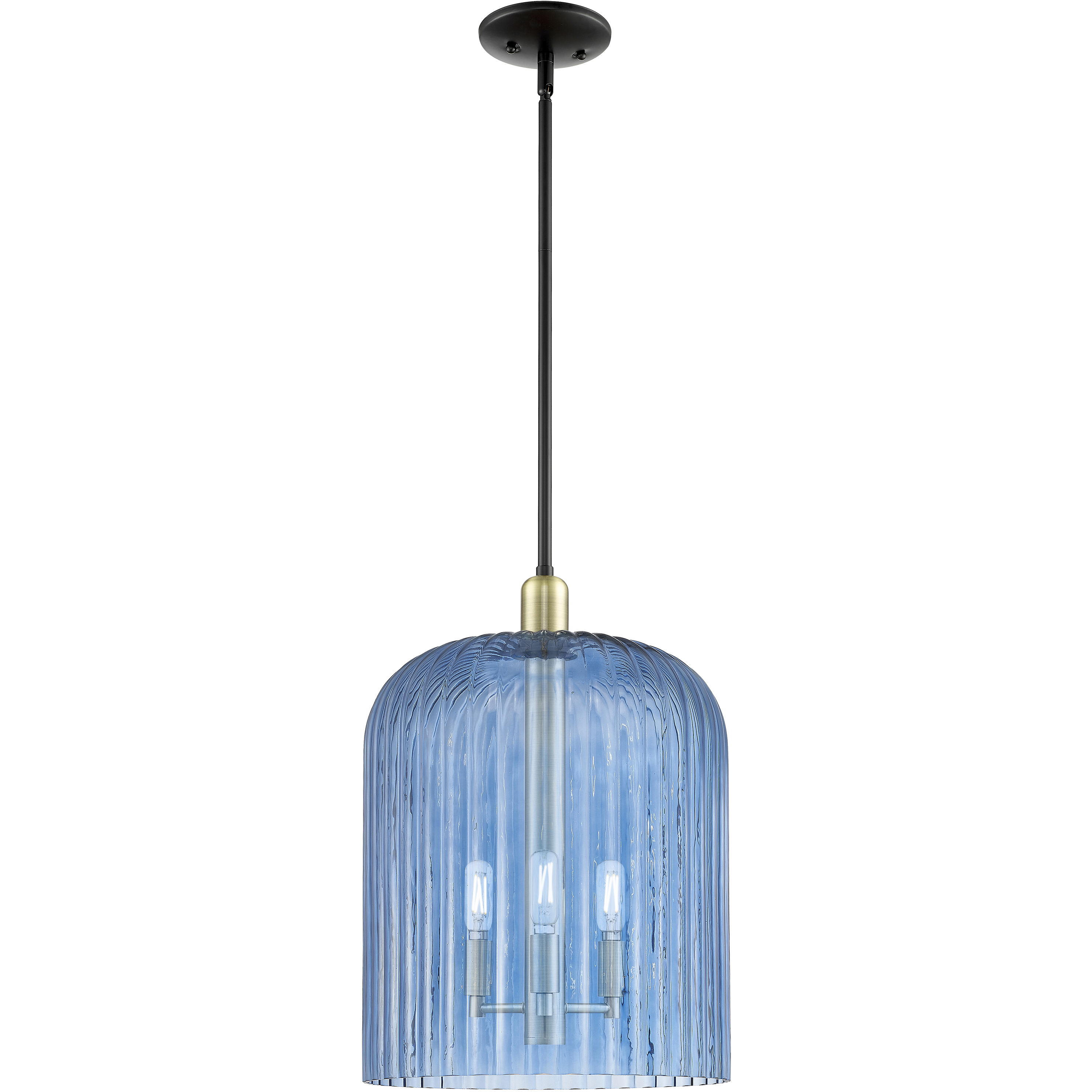 Bridal Veil 3 Light 12 inch Black Antique Brass Mini Pendant Ceiling Light in Blue Glass