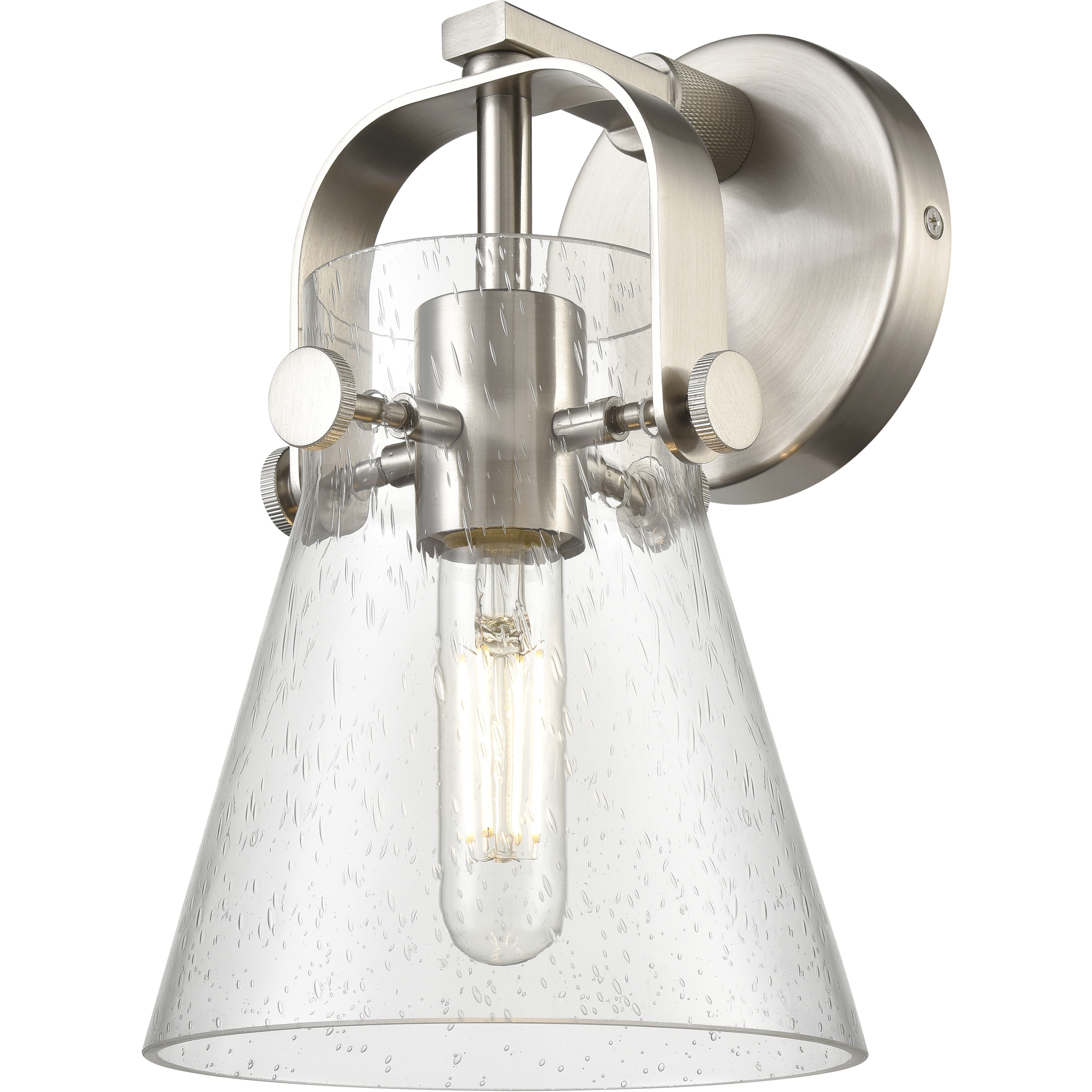 Pilaster II Cone Sconce Wall Light in Satin Nickel, Seedy Glass