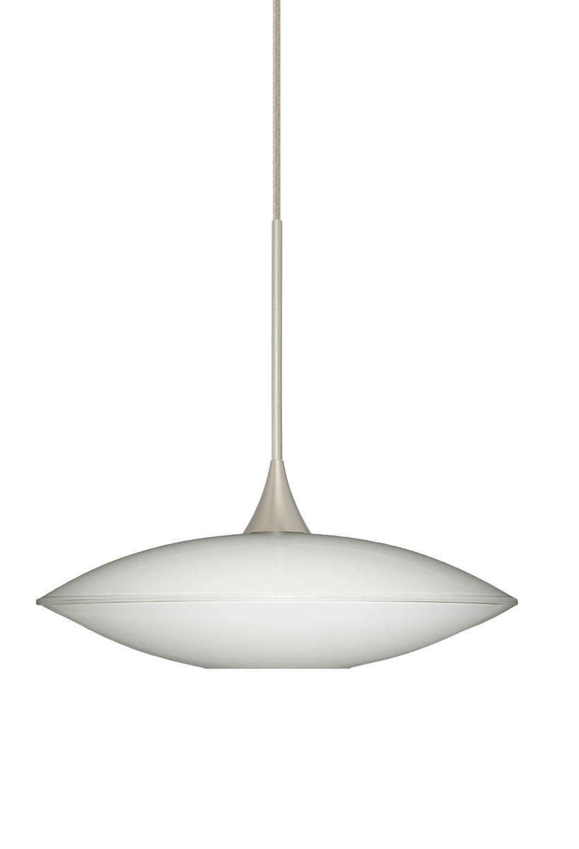 Spazio 1 Light Satin Nickel Pendant Ceiling Light in Opal Glossy Glass, Halogen