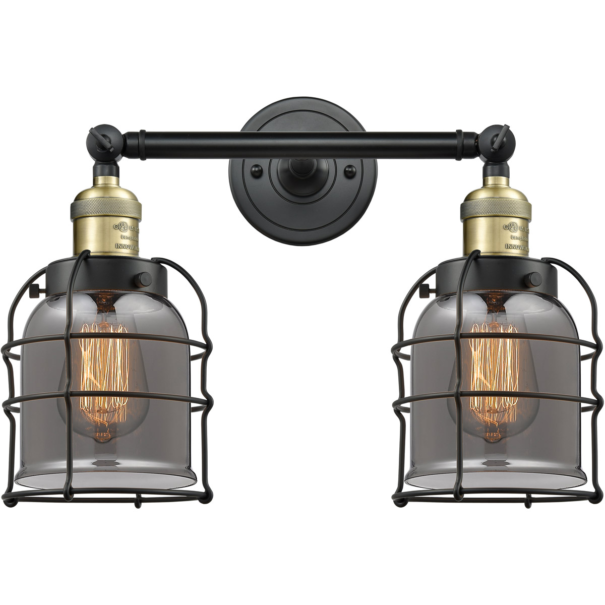 Franklin Restoration Small Bell Cage 2 Light 16 inch Black Antique Brass Bath Vanity Light Wall Light in Plated Smoke Glass, Franklin Restoration