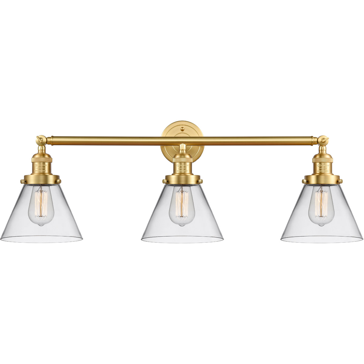 Franklin Restoration Large Cone LED 32 inch Satin Gold Bath Vanity Light Wall Light in Clear Glass, Franklin Restoration