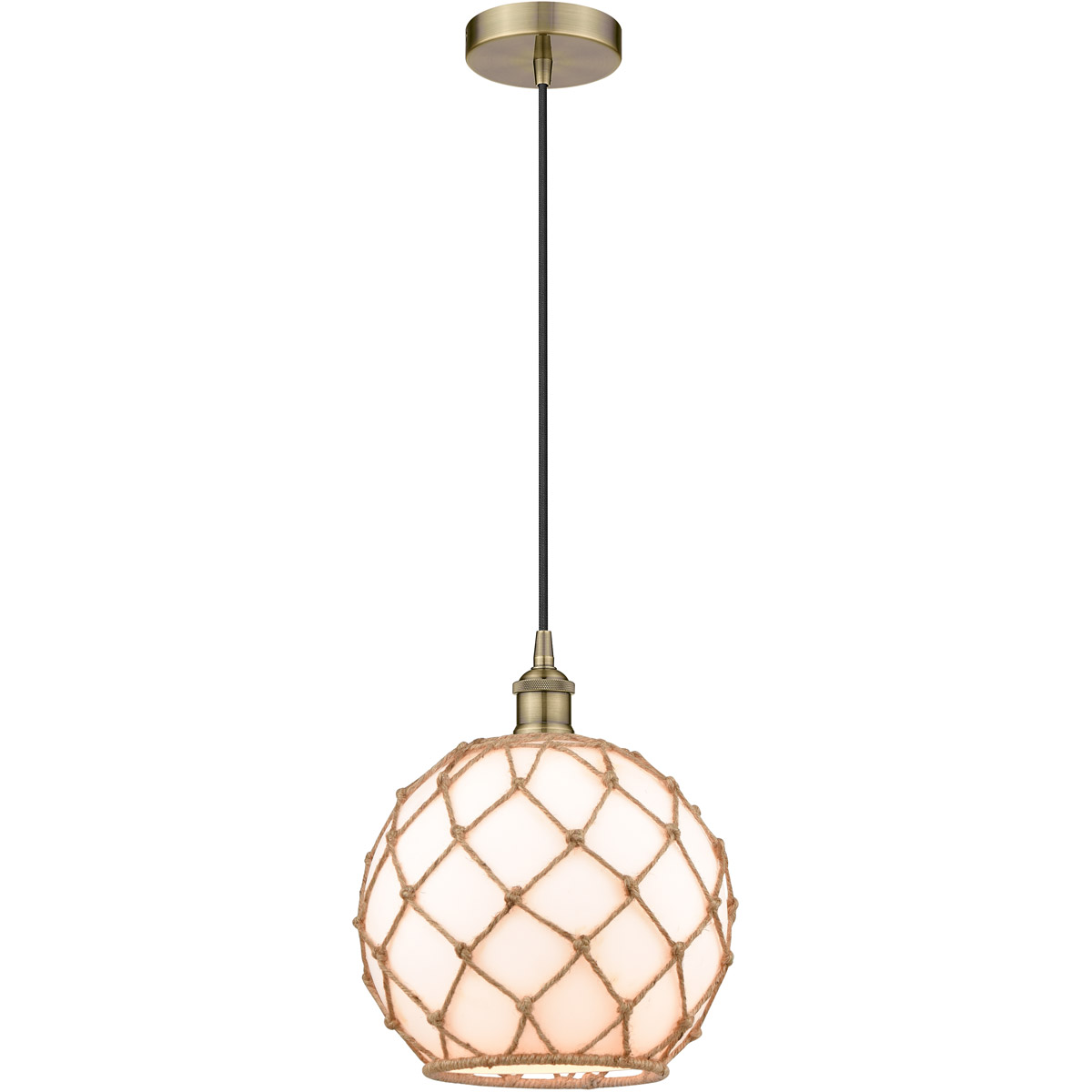 Edison Farmhouse Rope LED 10 inch Antique Brass Mini Pendant Ceiling Light in White Glass with Brown Rope