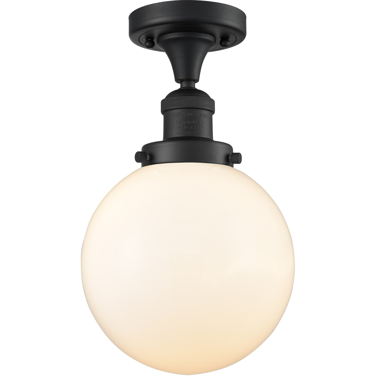 Franklin Restoration Large Beacon 1 Light 8 inch Matte Black Semi-Flush Mount Ceiling Light in Matte White Glass, Franklin Restoration
