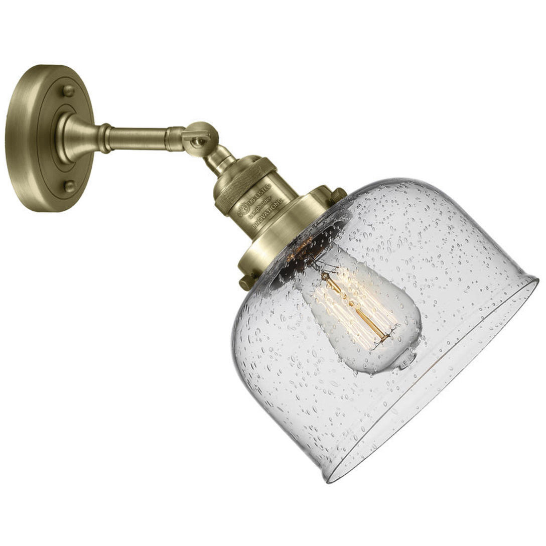 Franklin Restoration Large Bell 1 Light 8 inch Antique Brass Sconce Wall Light in Seedy Glass, Franklin Restoration