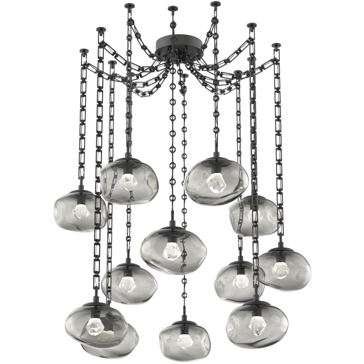 Nova LED 19 inch Matte Black Swag Multi-Pendant Ceiling Light in 3000K LED, Zircon Inner - Smoke Outer, Rectangular Chain
