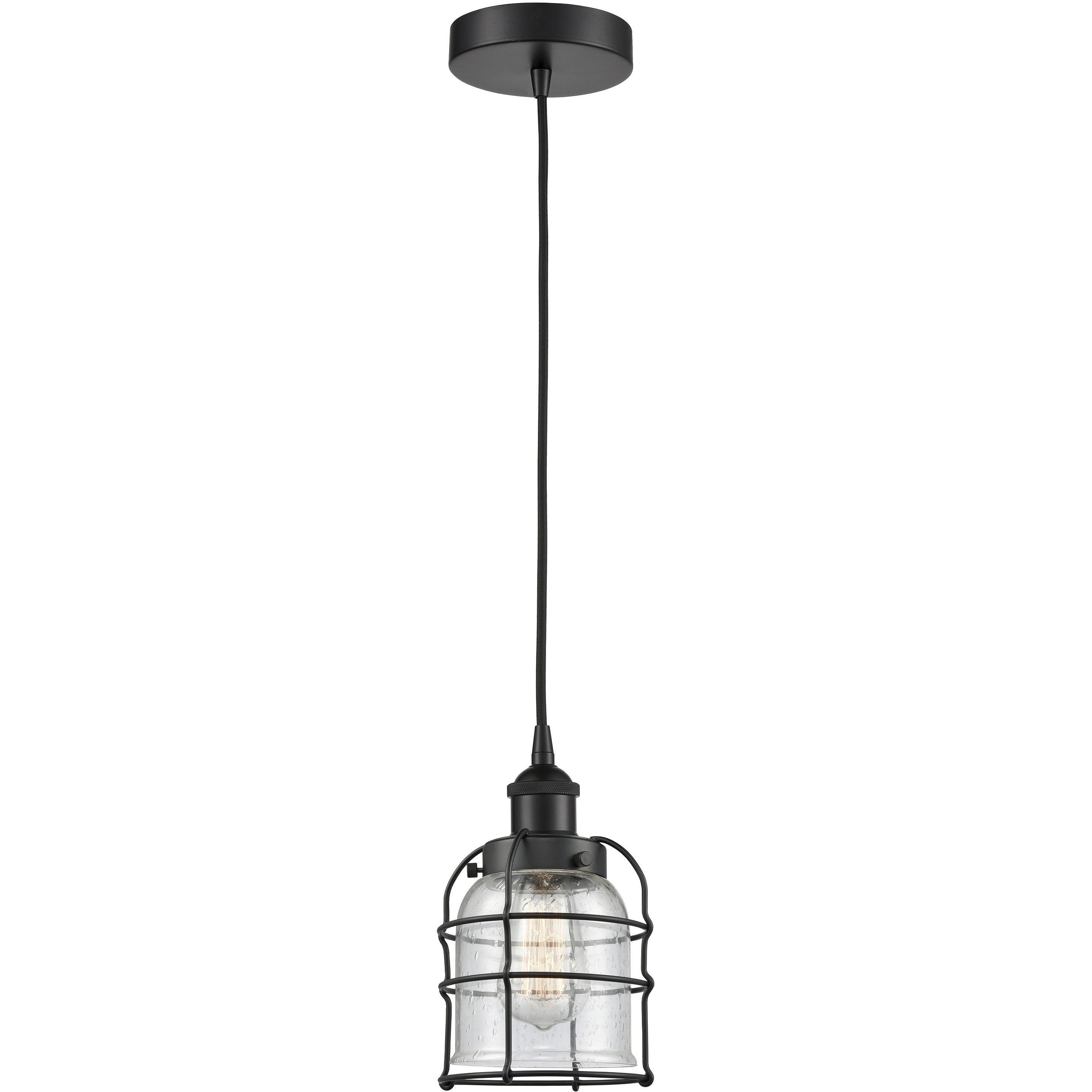 Bell Cage 1 Light 6 inch Matte Black Mini Pendant Ceiling Light in Seedy Glass