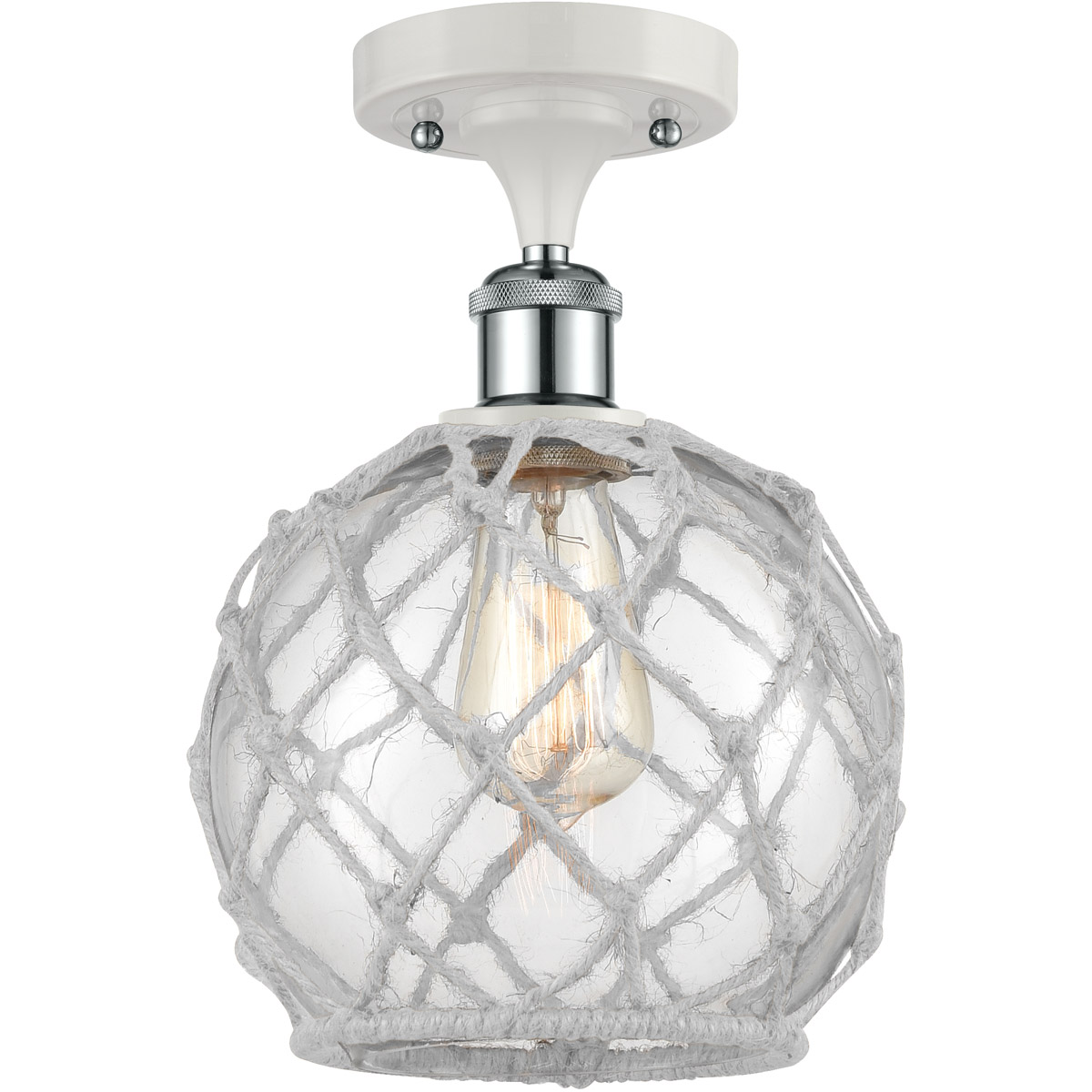 Ballston Farmhouse Rope LED 8 inch White and Polished Chrome Semi-Flush Mount Ceiling Light in Clear Glass with White Rope, Ballston
