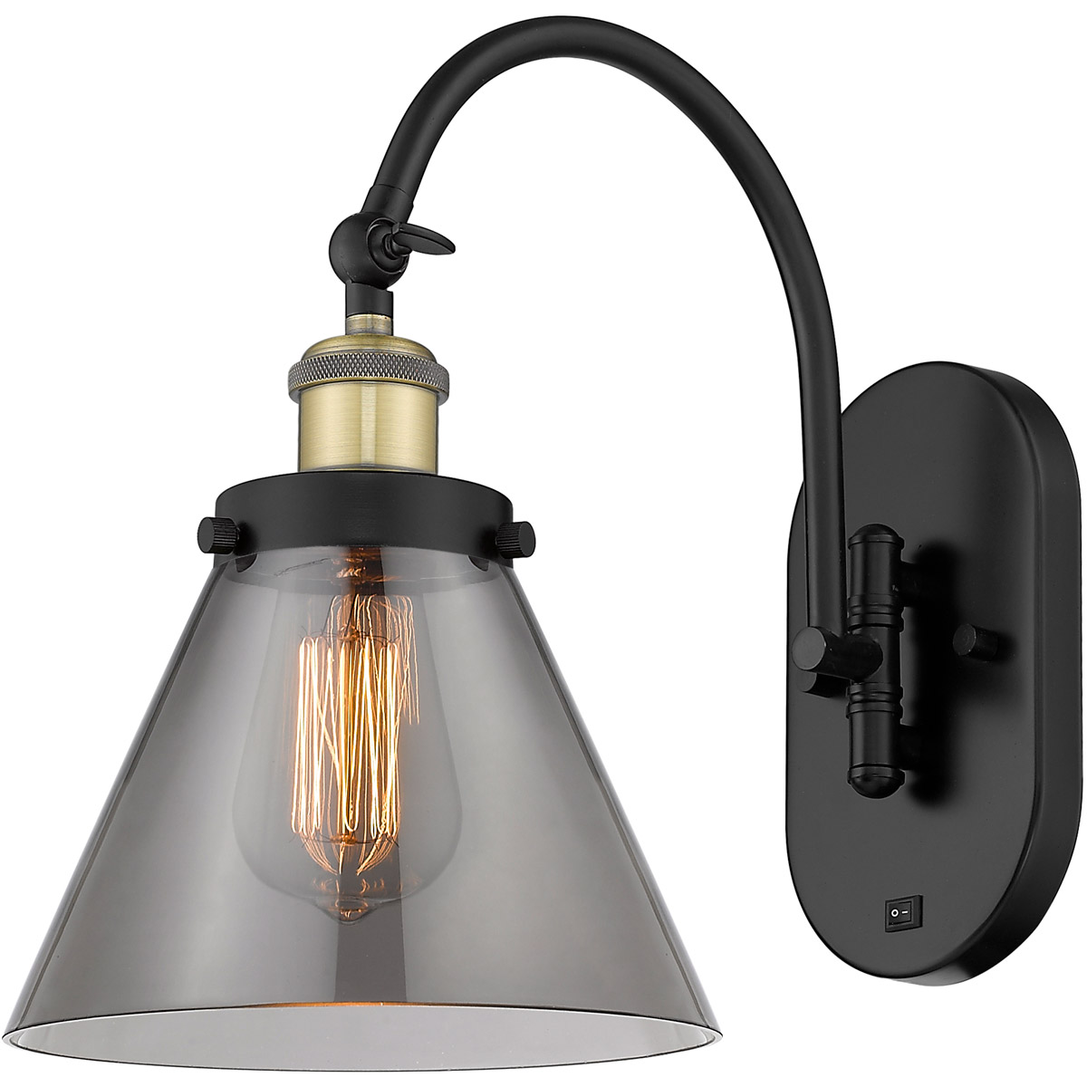 Franklin Restoration Cone 1 Light 8 inch Black Antique Brass Sconce Wall Light in Light Smoke Glass