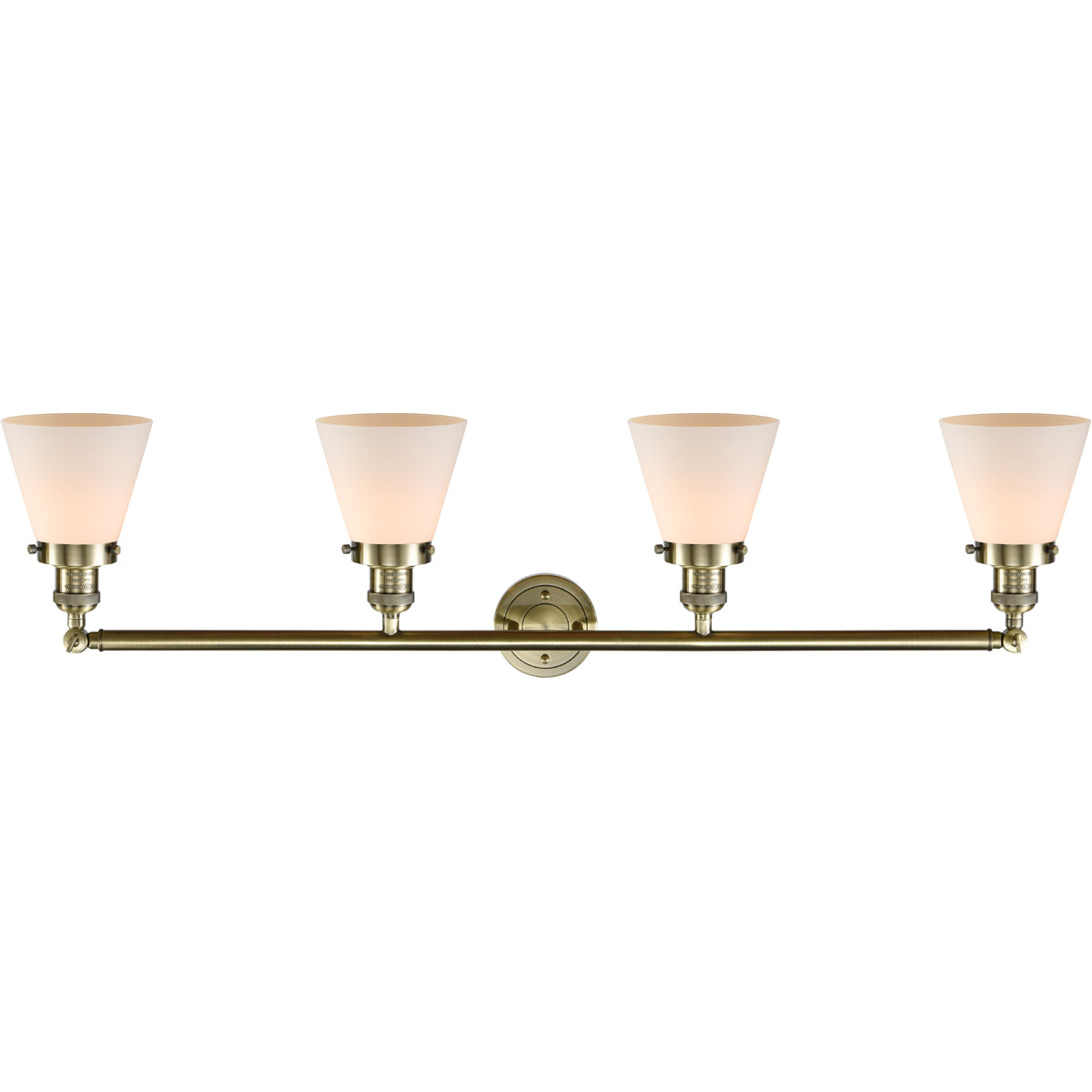 Franklin Restoration Small Cone 4 Light 42 inch Antique Brass Bath Vanity Light Wall Light in Incandescent, Matte White Glass, Franklin Restoration
