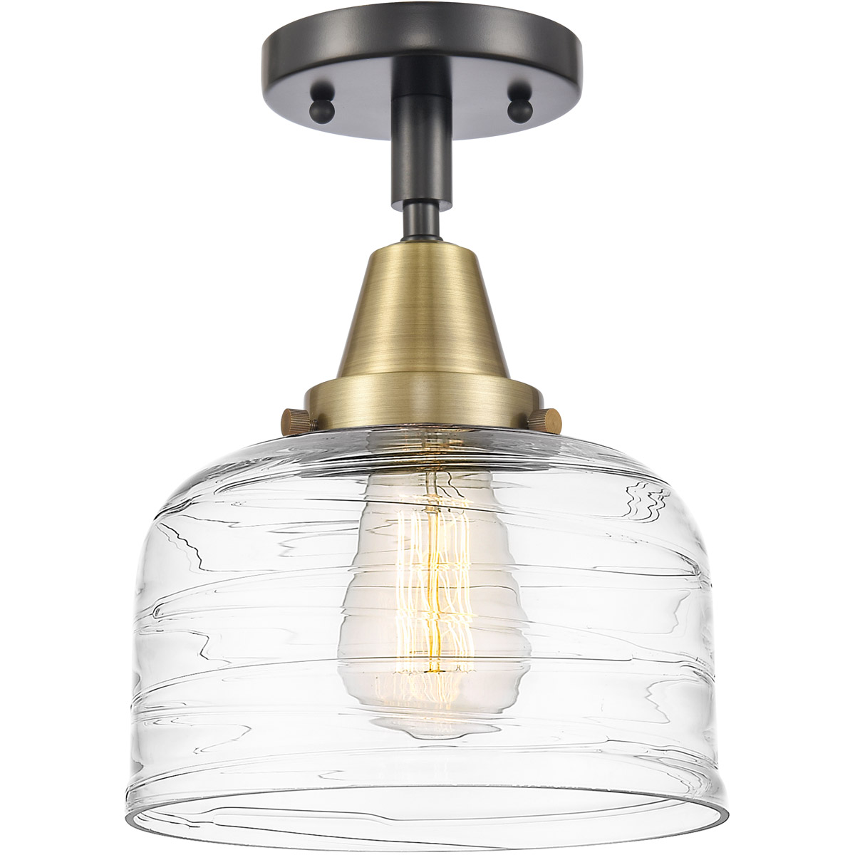 Franklin Restoration Bell LED 8 inch Black Antique Brass Flush Mount Ceiling Light in Clear Deco Swirl Glass