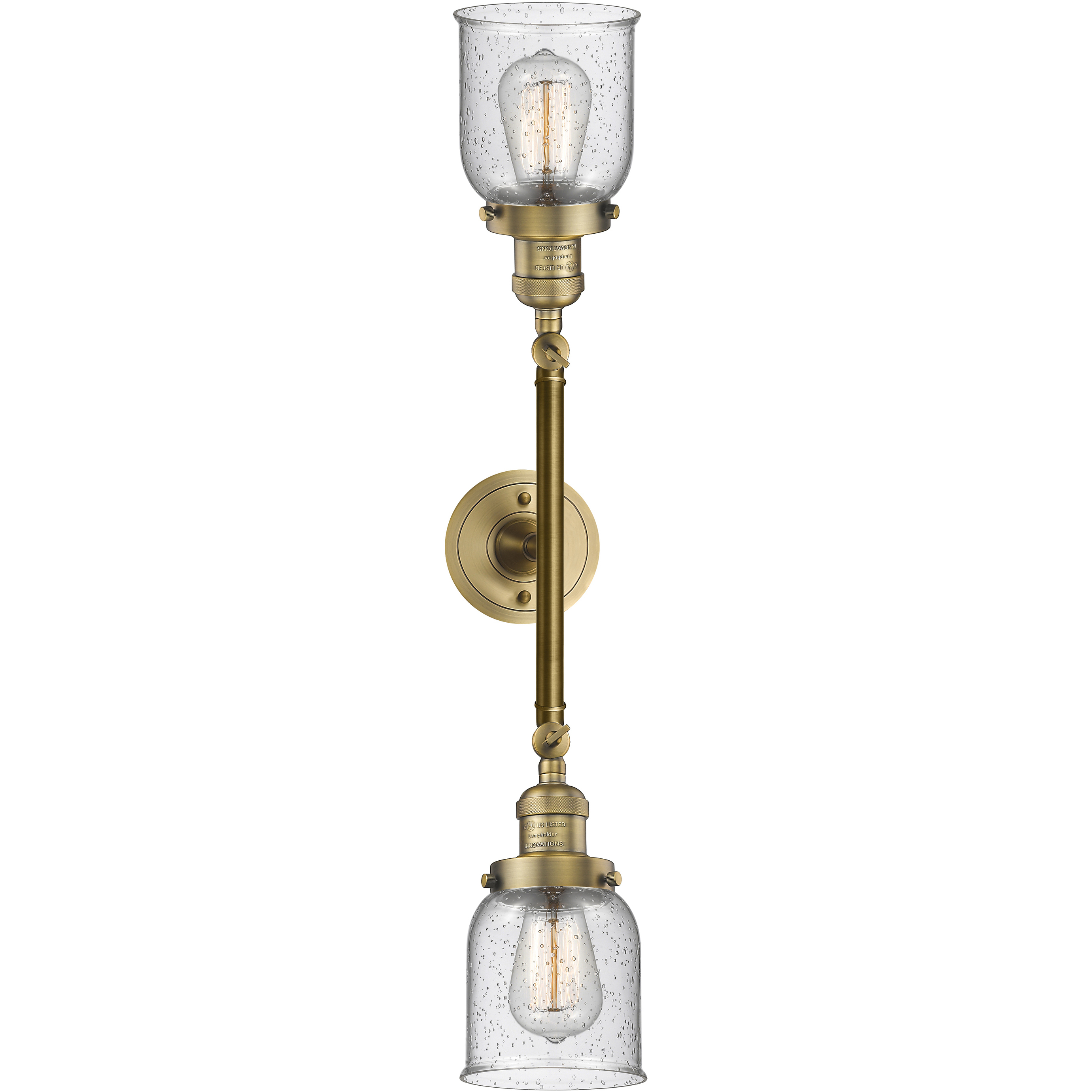Franklin Restoration Small Bell 2 Light 16 inch Brushed Brass Bath Vanity Light Wall Light in Seedy Glass, Franklin Restoration