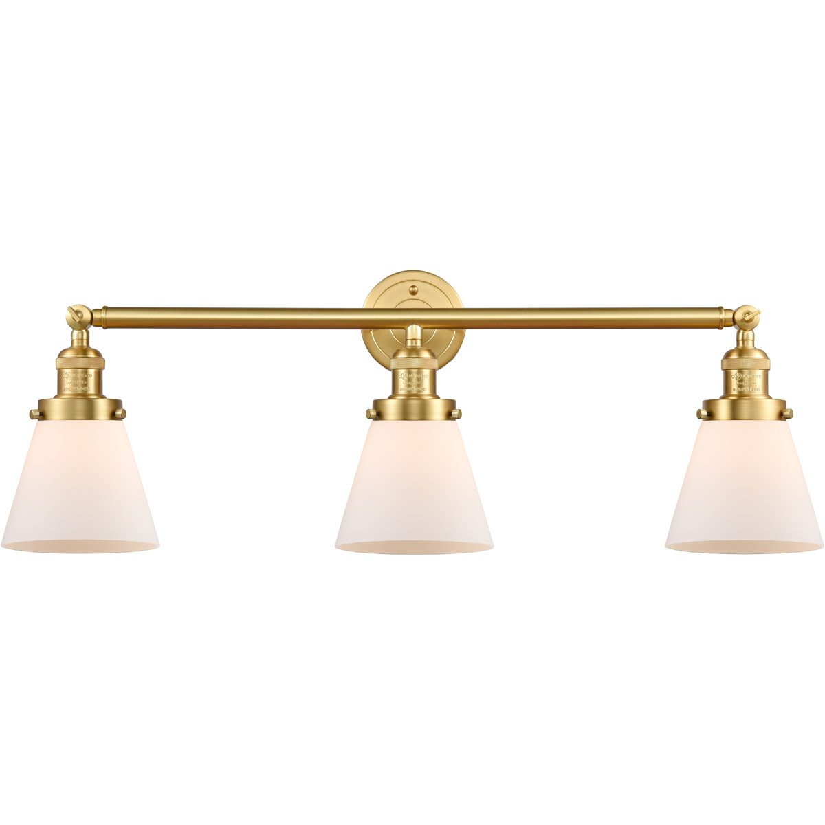 Franklin Restoration Small Cone LED 30 inch Satin Gold Bath Vanity Light Wall Light in Matte White Glass, Franklin Restoration