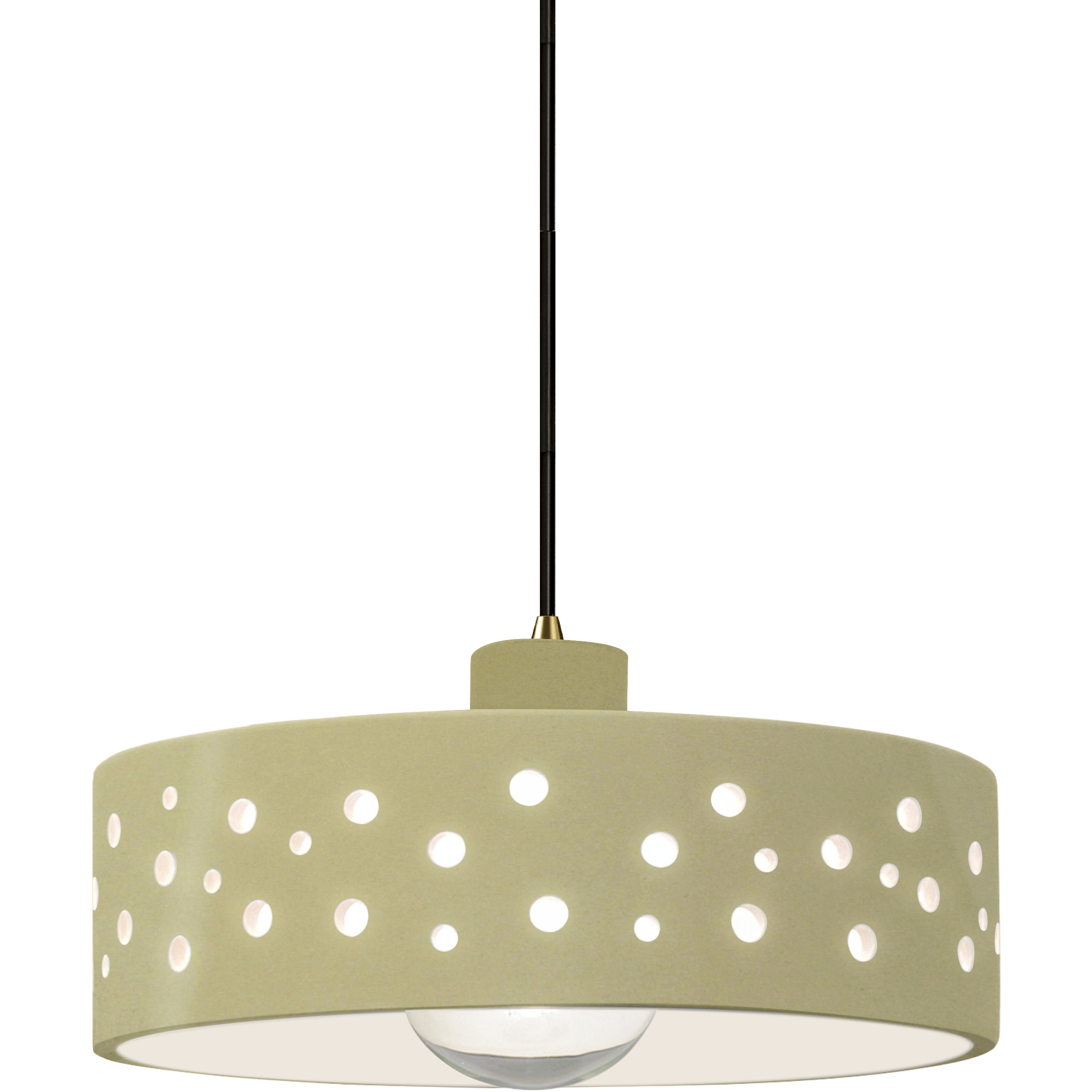 Perforated Dish Pendant Ceiling Light in Antique Brass, Black Cord, Replaceable Bulb, Vanilla Gloss, Form+Finish+Function