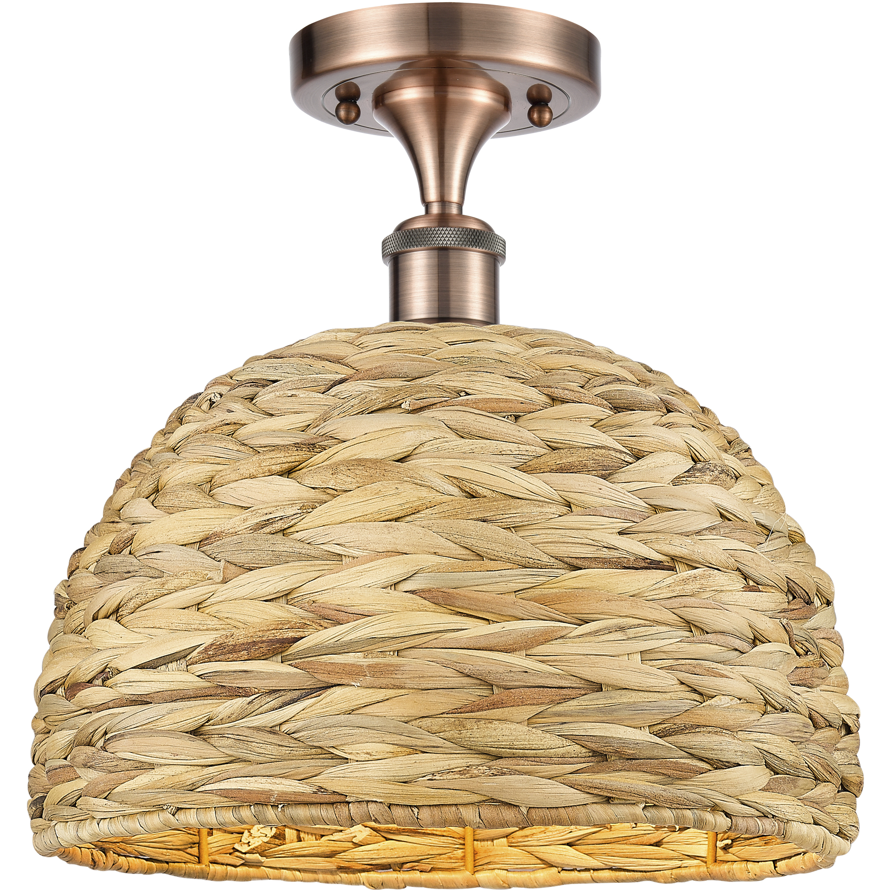 Woven Rattan 1 Light 12 inch Antique Copper Semi-Flush Mount Ceiling Light