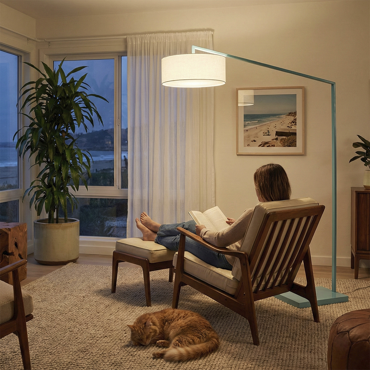 Stretch 87 inch 9 watt Turquoise Arc Floor Lamp Portable Light in White Linen