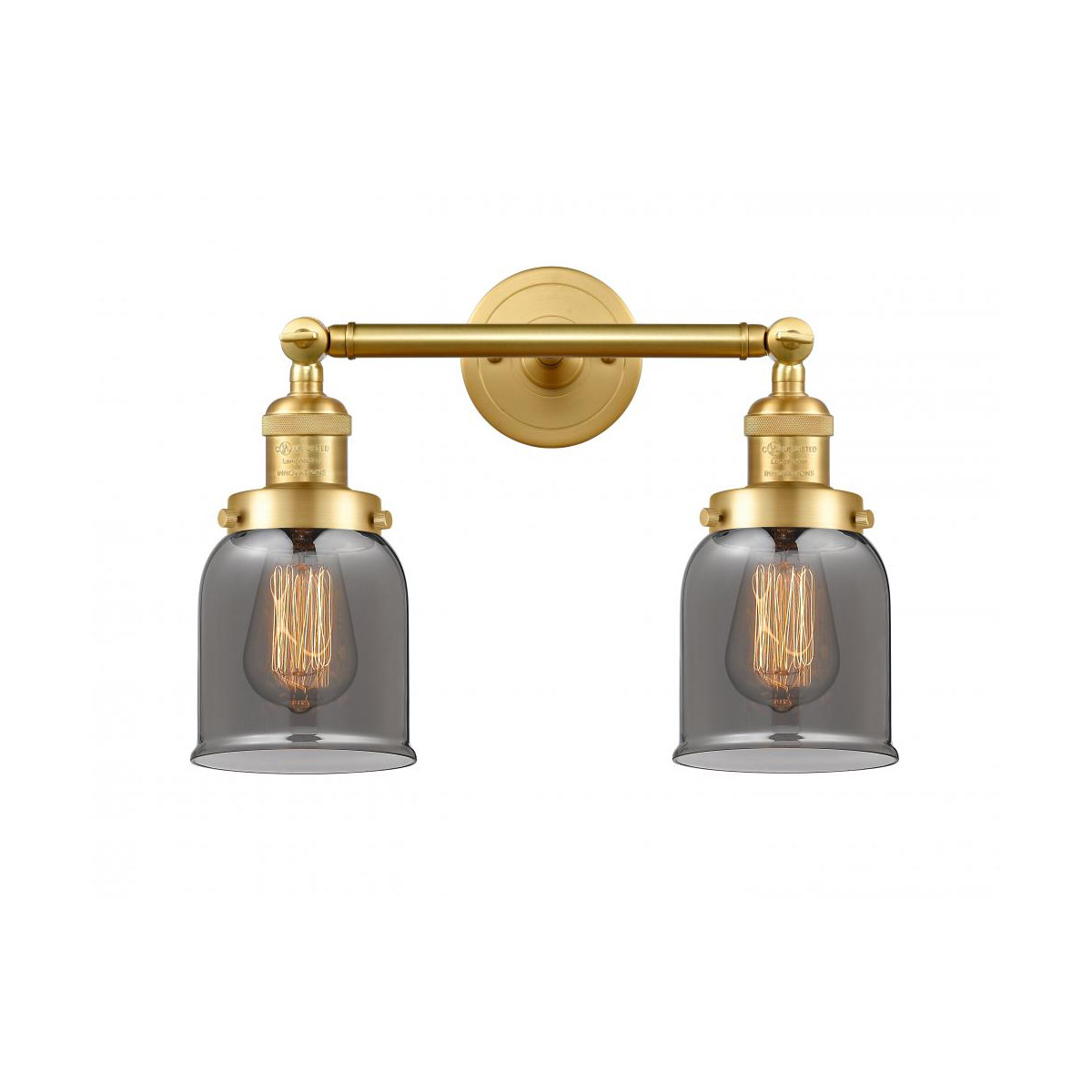 Franklin Restoration Small Bell 2 Light 16 inch Satin Gold Bath Vanity Light Wall Light in Light Smoke Glass, Franklin Restoration