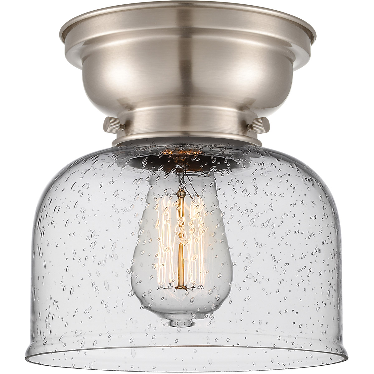 Aditi Large Bell 1 Light 8 inch Brushed Satin Nickel Flush Mount Ceiling Light in Seedy Glass, Aditi