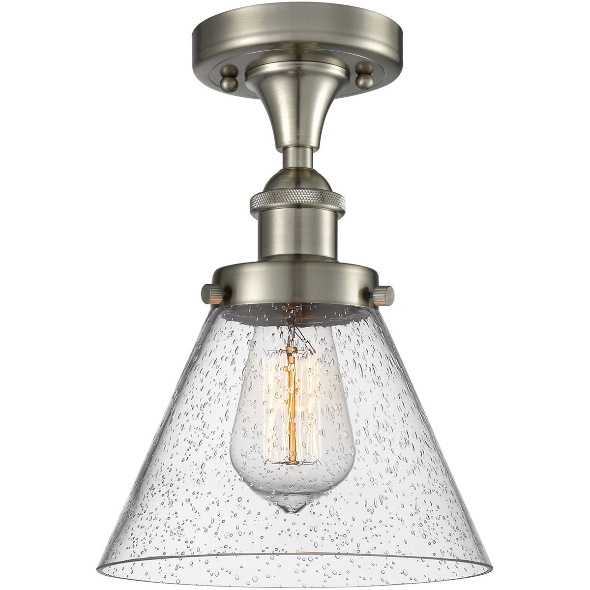 Ballston Large Cone 1 Light 8 inch Brushed Satin Nickel Semi-Flush Mount Ceiling Light in Seedy Glass, Ballston