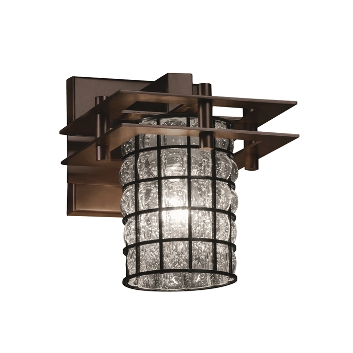 Wire Glass LED 6.5 inch Polished Chrome Wall Sconce Wall Light in 700 Lm LED, Grid with Clear Bubbles, Square with Flat Rim, Metropolis