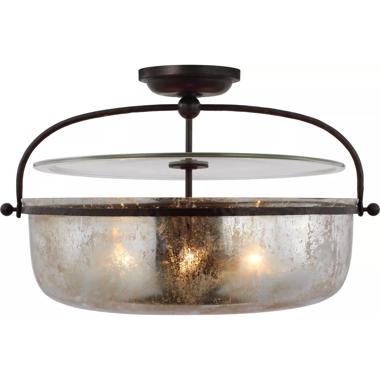 Chapman & Myers Lorford LED 28 inch Aged Iron Semi-Flush Lantern Ceiling Light in Antique Mercury Glass, Large