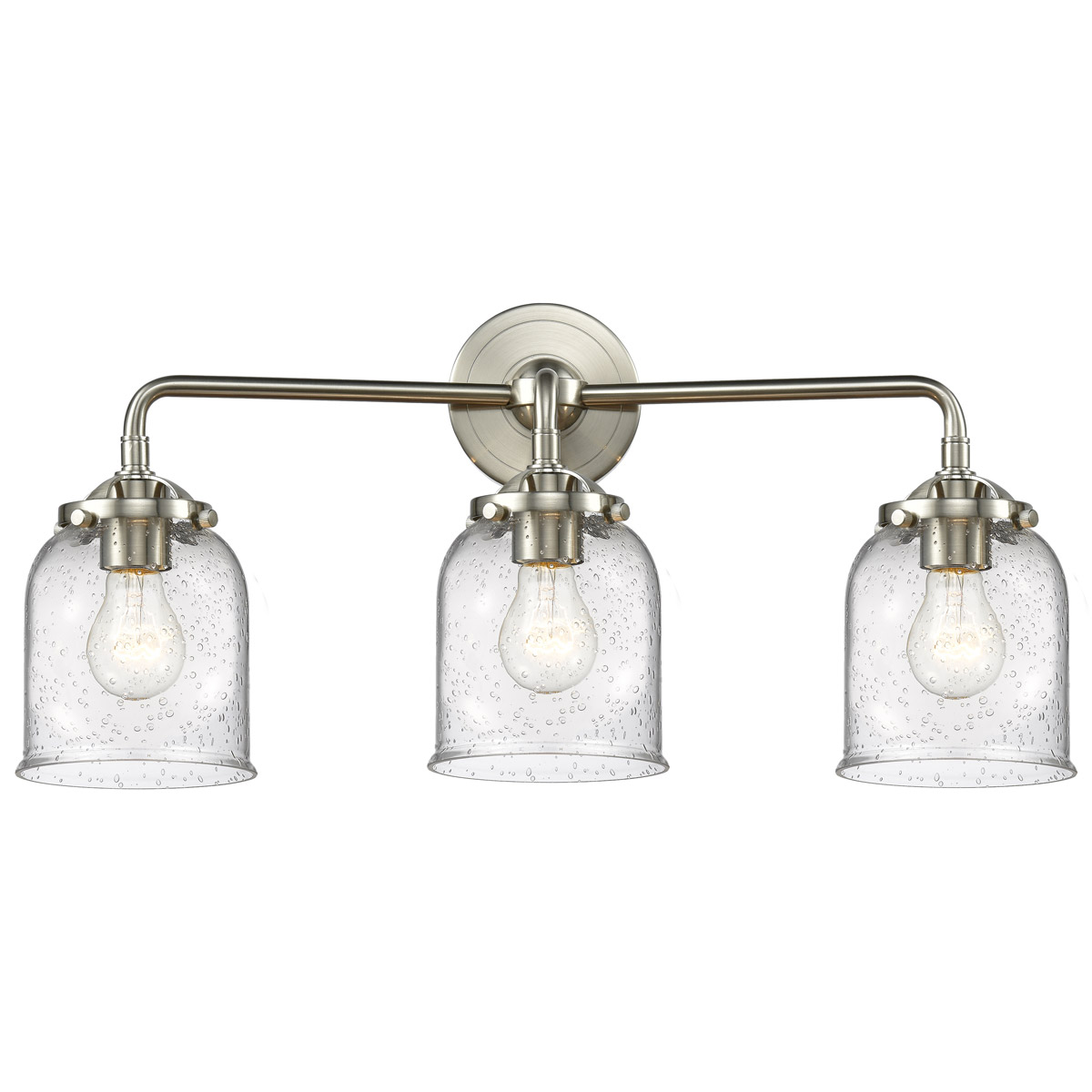 Nouveau Small Bell 3 Light 23 inch Brushed Satin Nickel Bath Vanity Light Wall Light in Seedy Glass, Nouveau