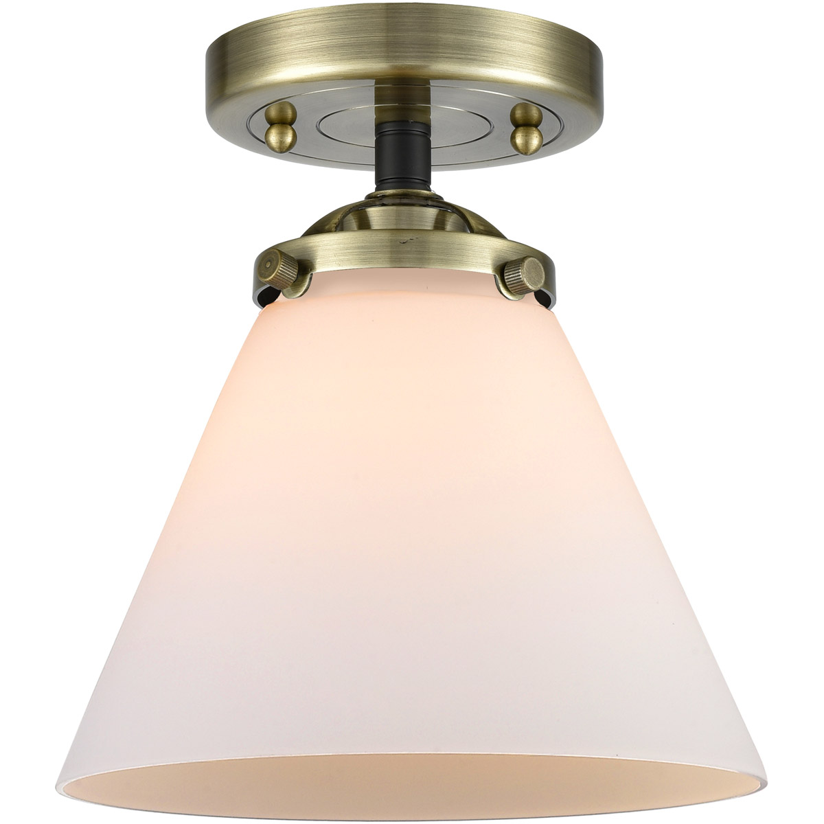 Nouveau Large Cone 1 Light 8 inch Black Antique Brass Semi-Flush Mount Ceiling Light in Matte White Glass, Nouveau
