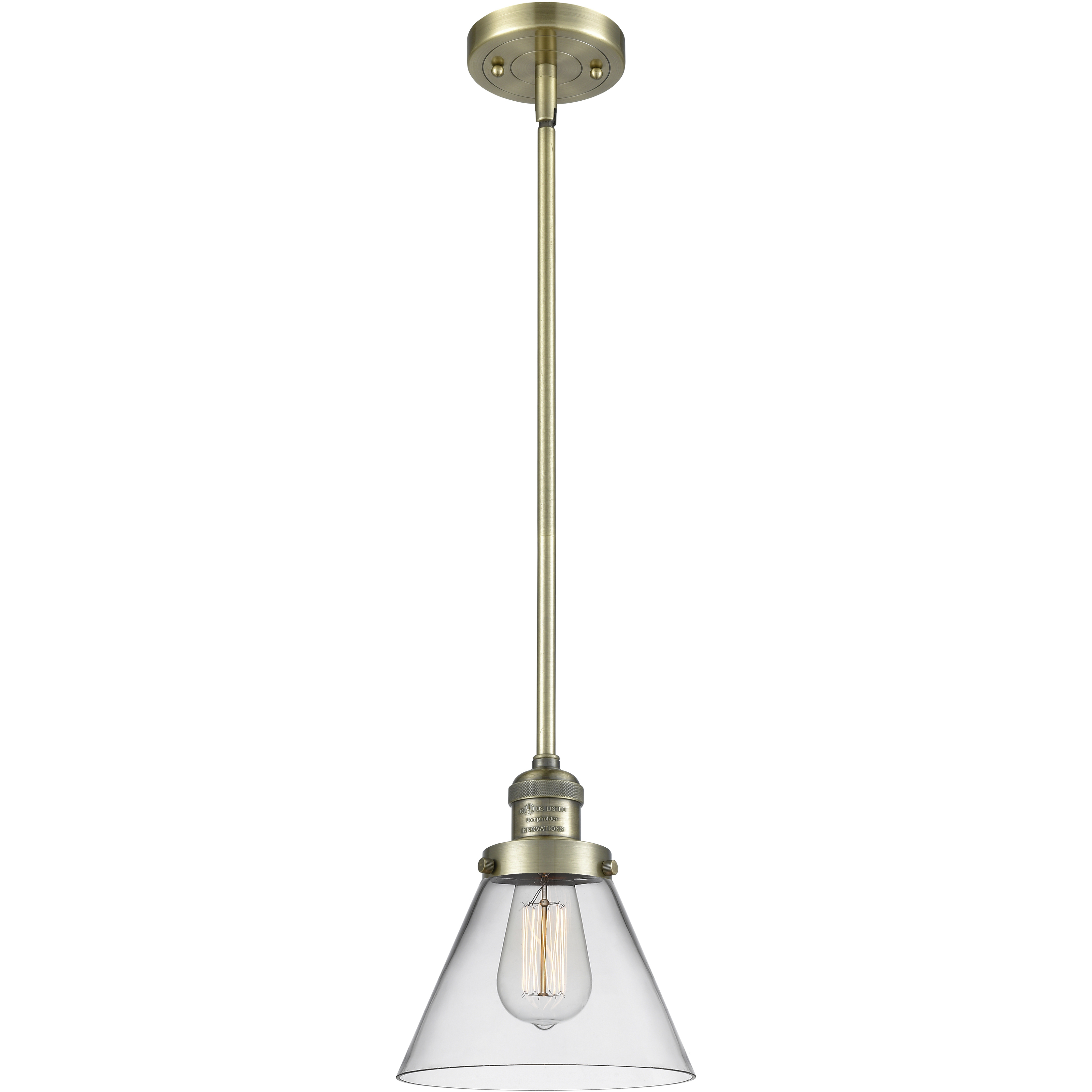 Franklin Restoration Cone LED 8 inch Antique Brass Mini Pendant Ceiling Light in Clear, Franklin Restoration