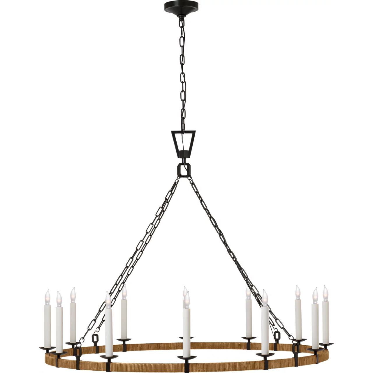 Chapman & Myers Darlana LED 50 inch Aged Iron and Natural Rattan Wrapped Ring Chandelier Ceiling Light, XL