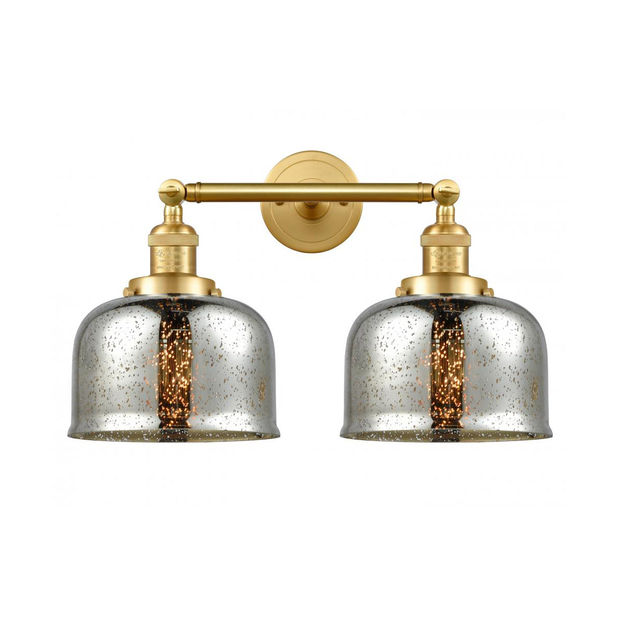 Franklin Restoration Large Bell 2 Light 18 inch Satin Gold Bath Vanity Light Wall Light in Silver Plated Mercury Glass, Franklin Restoration
