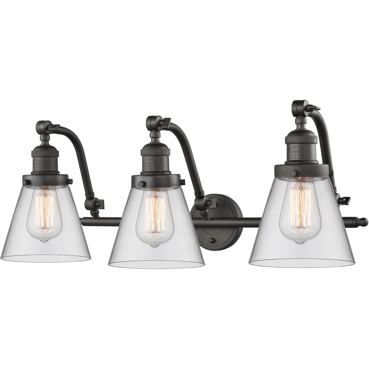 Franklin Restoration Small Cone 3 Light 28 inch Oil Rubbed Bronze Bath Vanity Light Wall Light in Clear Glass, Franklin Restoration