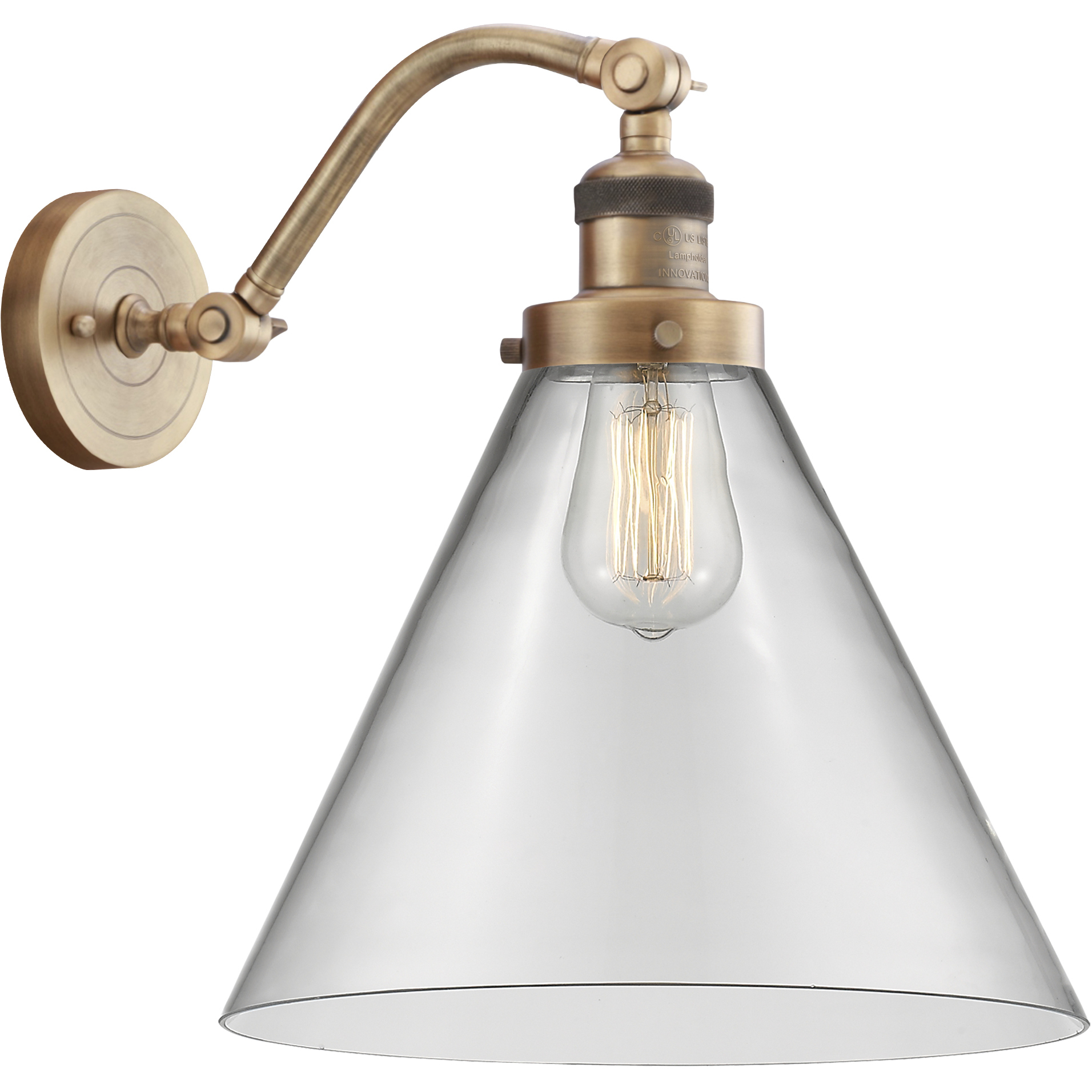 Franklin Restoration X-Large Cone LED 12 inch Brushed Brass Sconce Wall Light in Clear Glass, Franklin Restoration