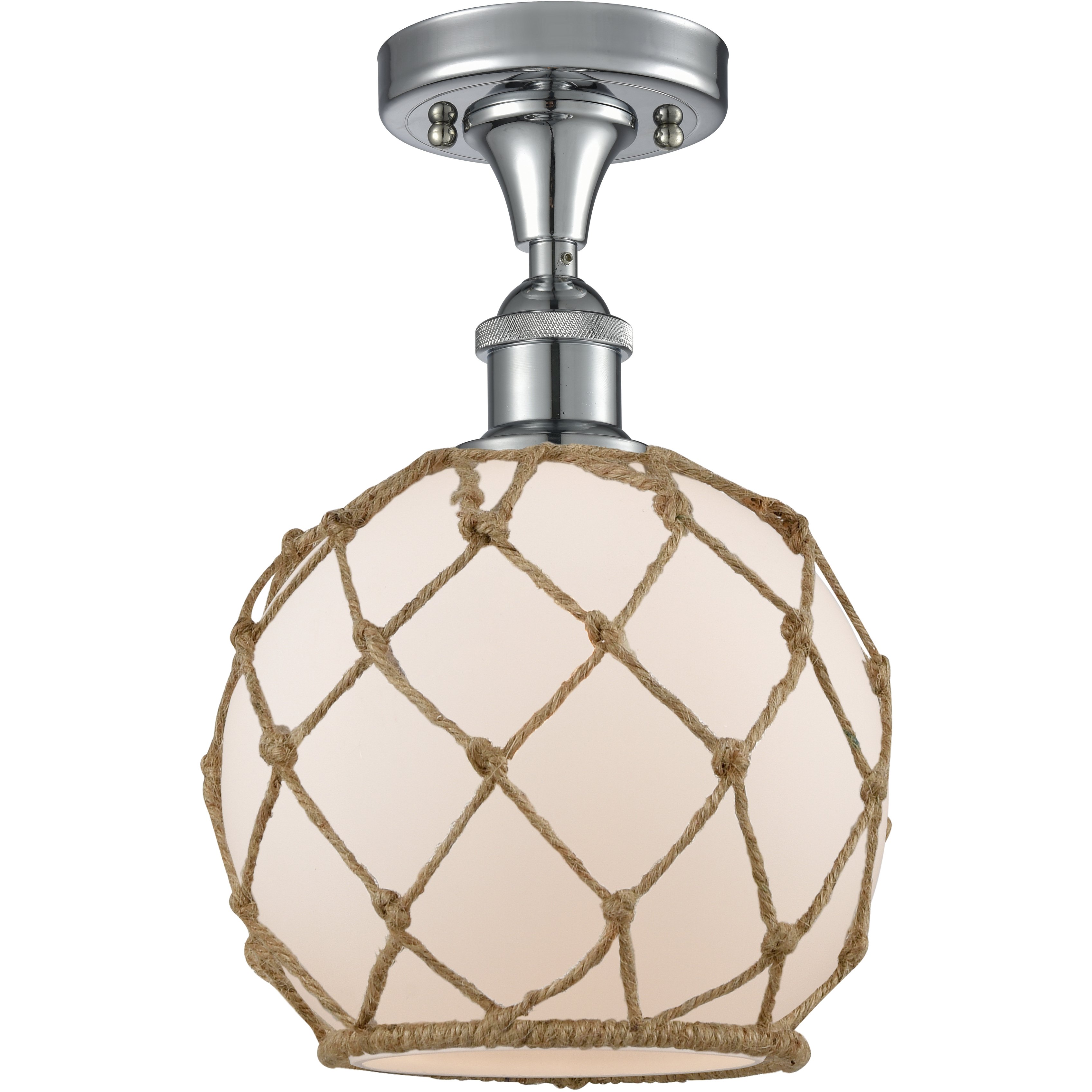 Edison Farmhouse Rope 1 Light 8 inch Polished Chrome Semi-Flush Mount Ceiling Light in White Glass with Brown Rope