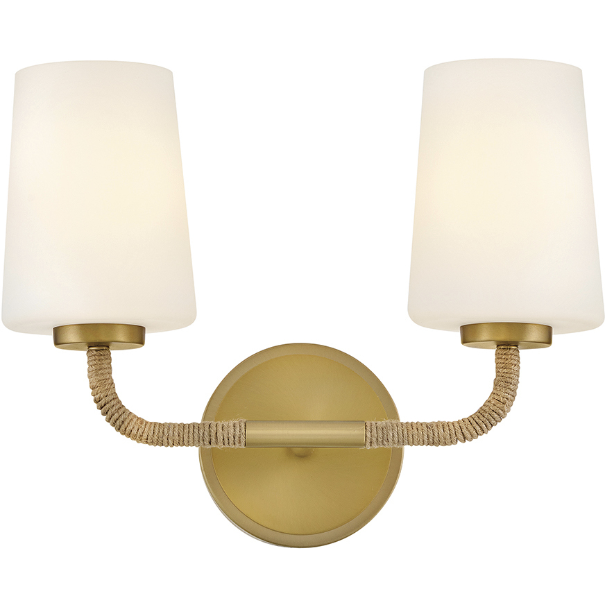 Kline 2 Light 14.25 inch Lacquered Brass with Natural Vanity Light Wall Light in Etched Opal, Small