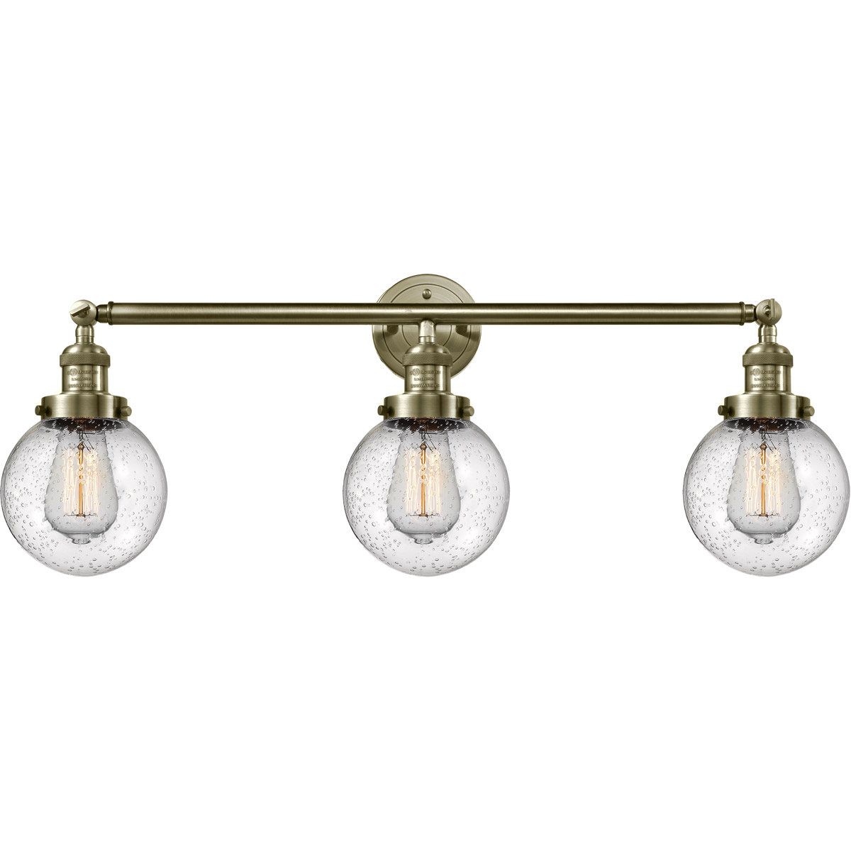 Franklin Restoration Beacon 3 Light 30 inch Antique Brass Bath Vanity Light Wall Light in Seedy Glass, Franklin Restoration