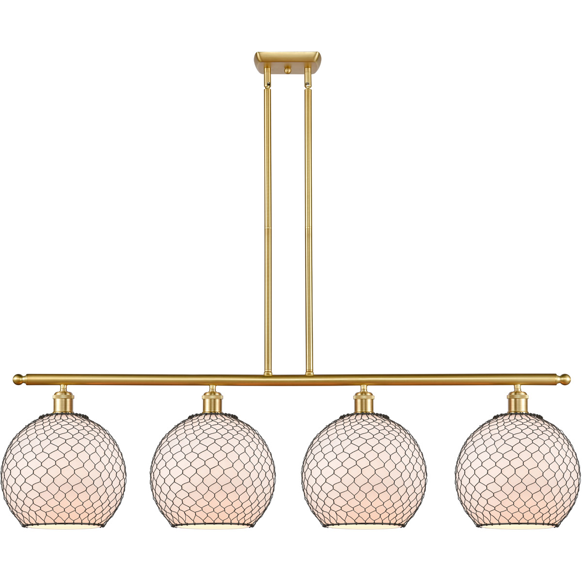 Ballston Large Farmhouse Chicken Wire LED 48 inch Satin Gold Island Light Ceiling Light in White Glass with Black Wire, Ballston