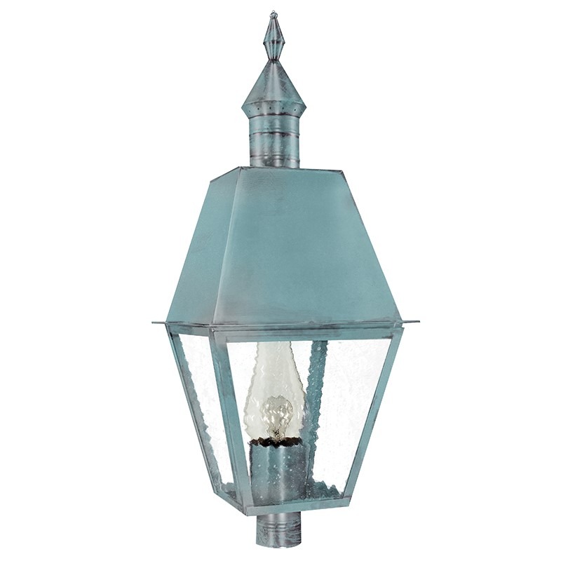 Boston 1 Light 38 inch Verdi Gris Post Lamp in Seedy Marine Glass, One 75W Medium with Chimney