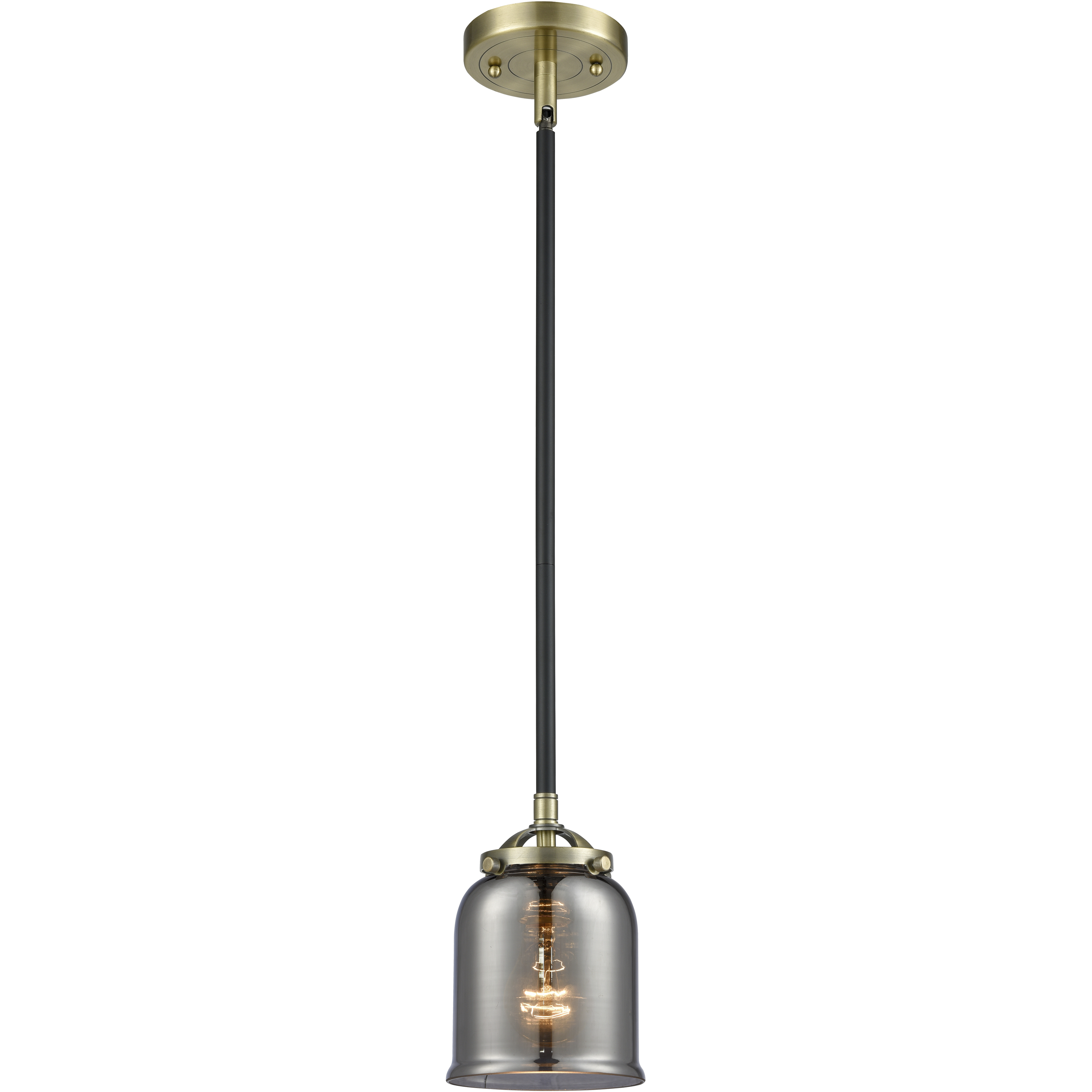 Nouveau Bell LED 5 inch Black Antique Brass Mini Pendant Ceiling Light in Plated Smoke Glass, Nouveau