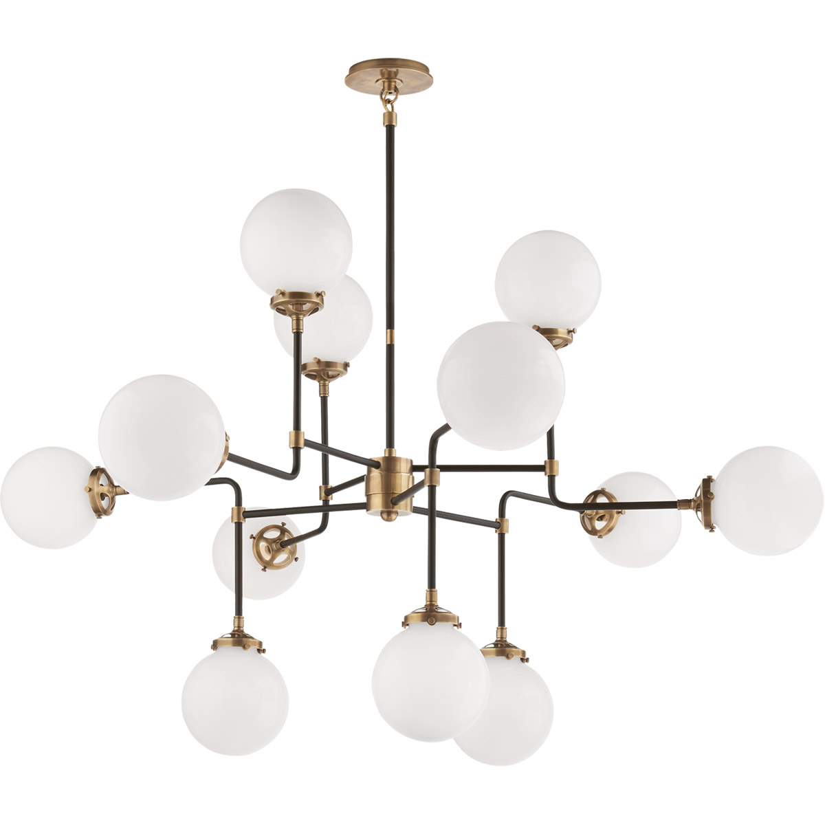 Ian K. Fowler Bistro 12 Light 47 inch Hand-Rubbed Antique Brass Chandelier Ceiling Light in White Glass, Medium