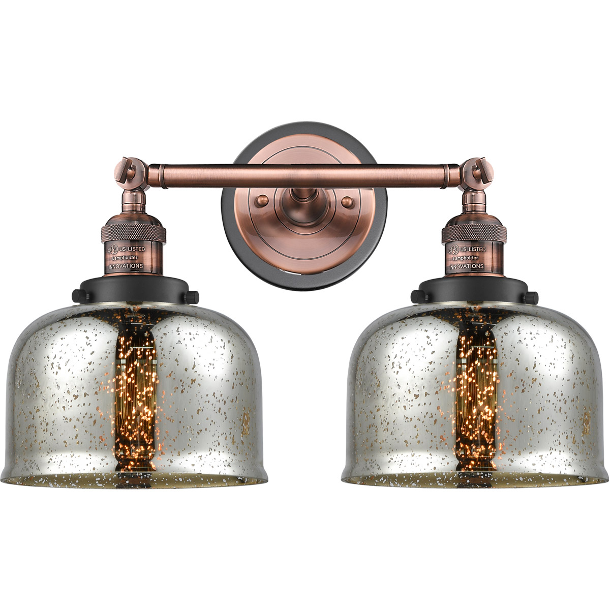 Franklin Restoration Large Bell 2 Light 18 inch Antique Copper Bath Vanity Light Wall Light in Silver Plated Mercury Glass