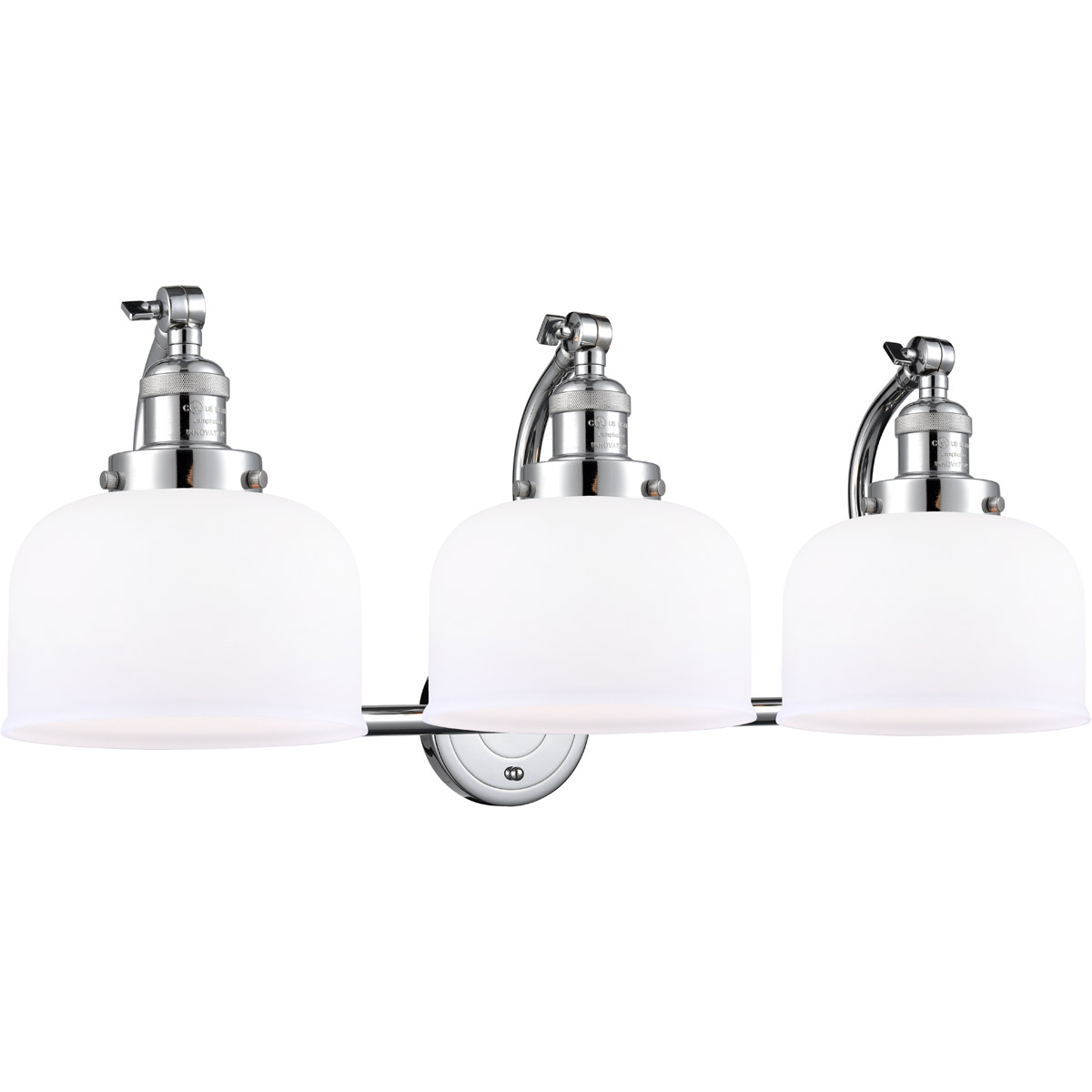 Franklin Restoration Large Bell 3 Light 28 inch Polished Chrome Bath Vanity Light Wall Light in Matte White Glass, Franklin Restoration