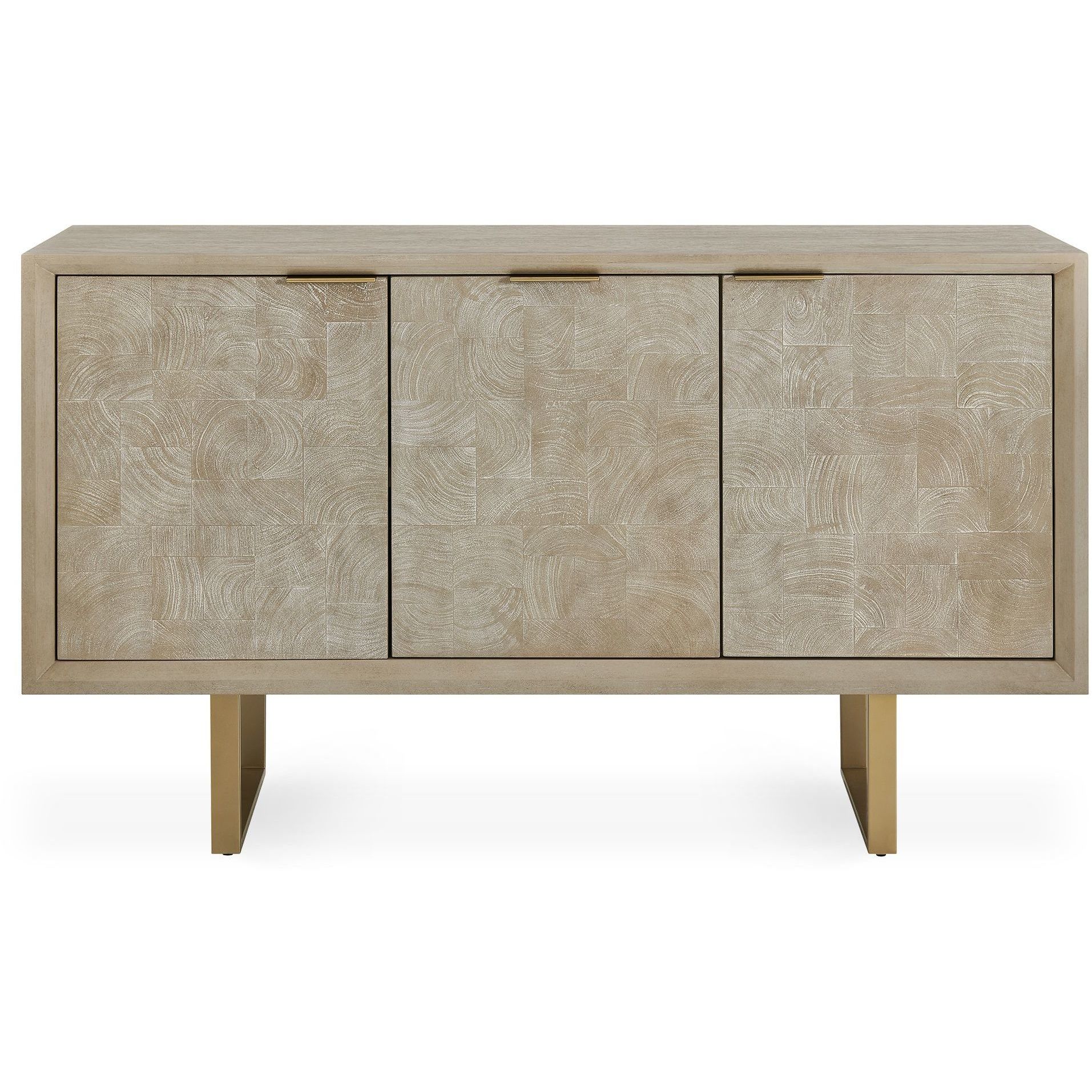 Maeva Natural Acacia Wood and Antique Gold 3 Door Cabinet