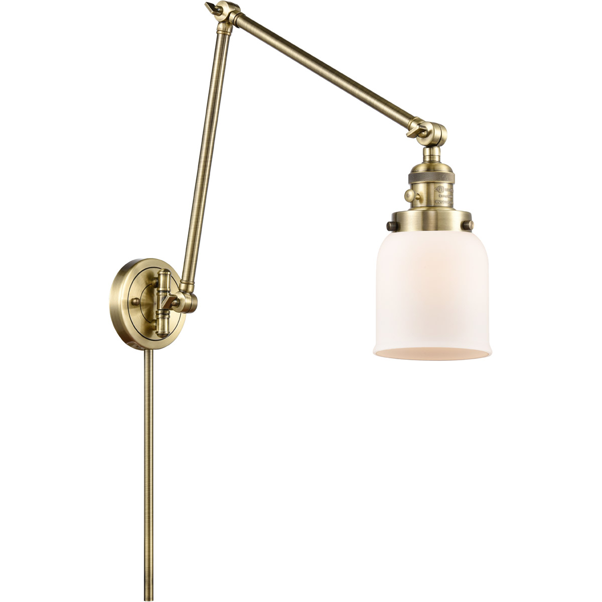 Small Bell 30 inch 3.50 watt Antique Brass Swing Arm Wall Light, Franklin Restoration