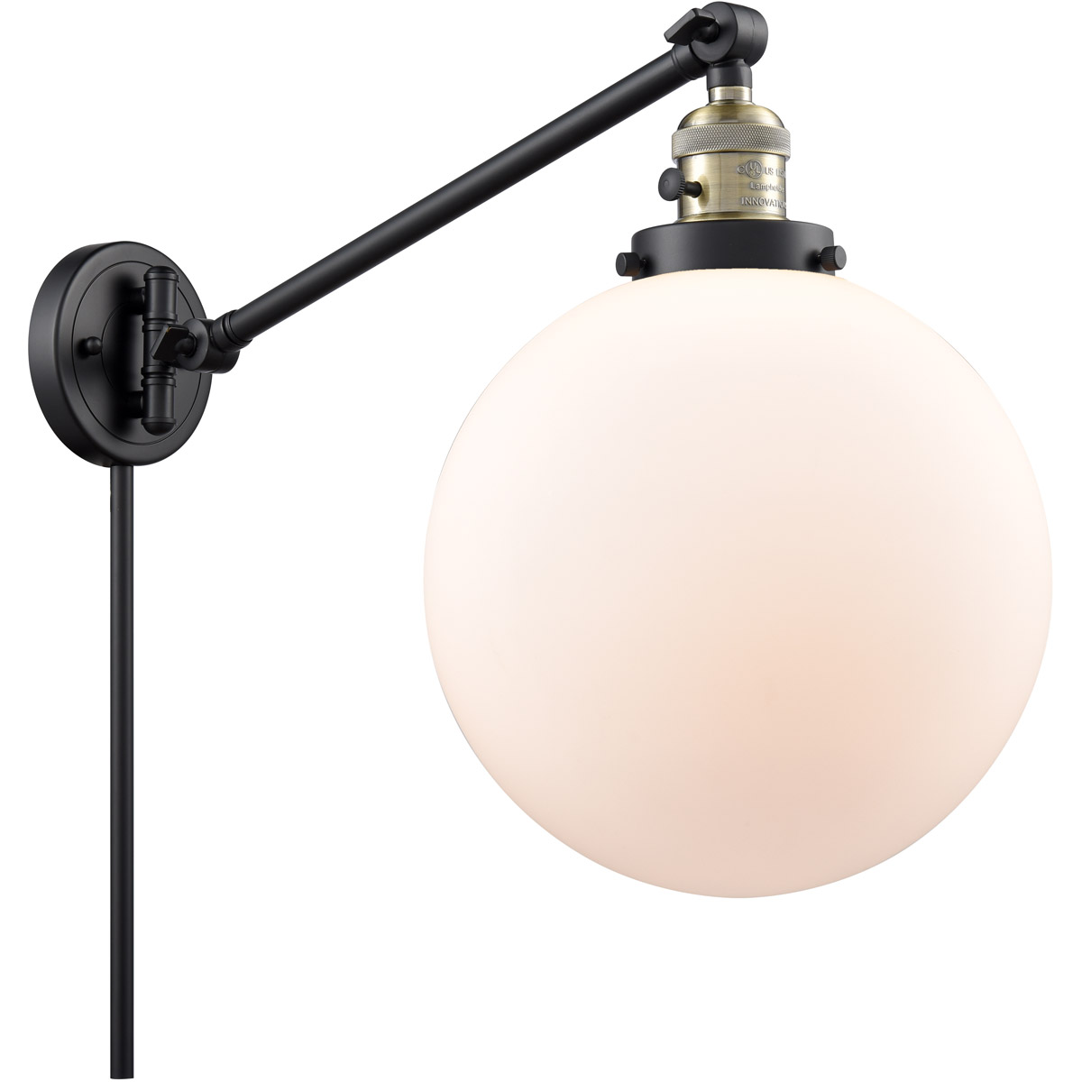 X-Large Beacon 18 inch 3.5 watt Black Antique Brass Swing Arm Wall Light in Matte White Glass, Franklin Restoration