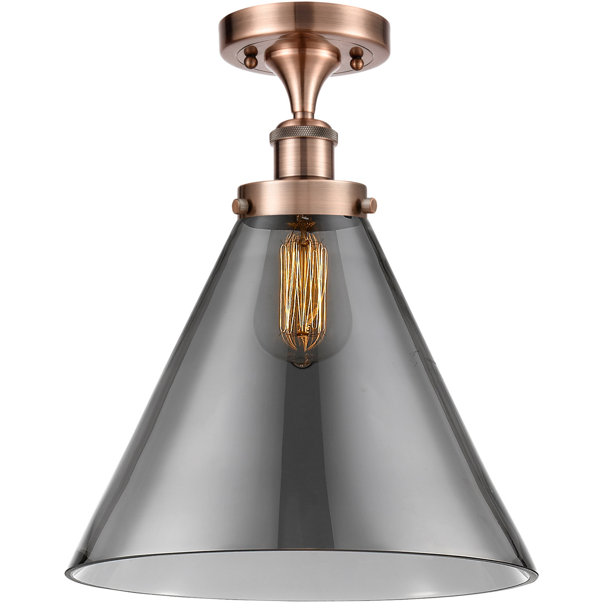Ballston X-Large Cone LED 8 inch Antique Copper Semi-Flush Mount Ceiling Light in Light Smoke Glass