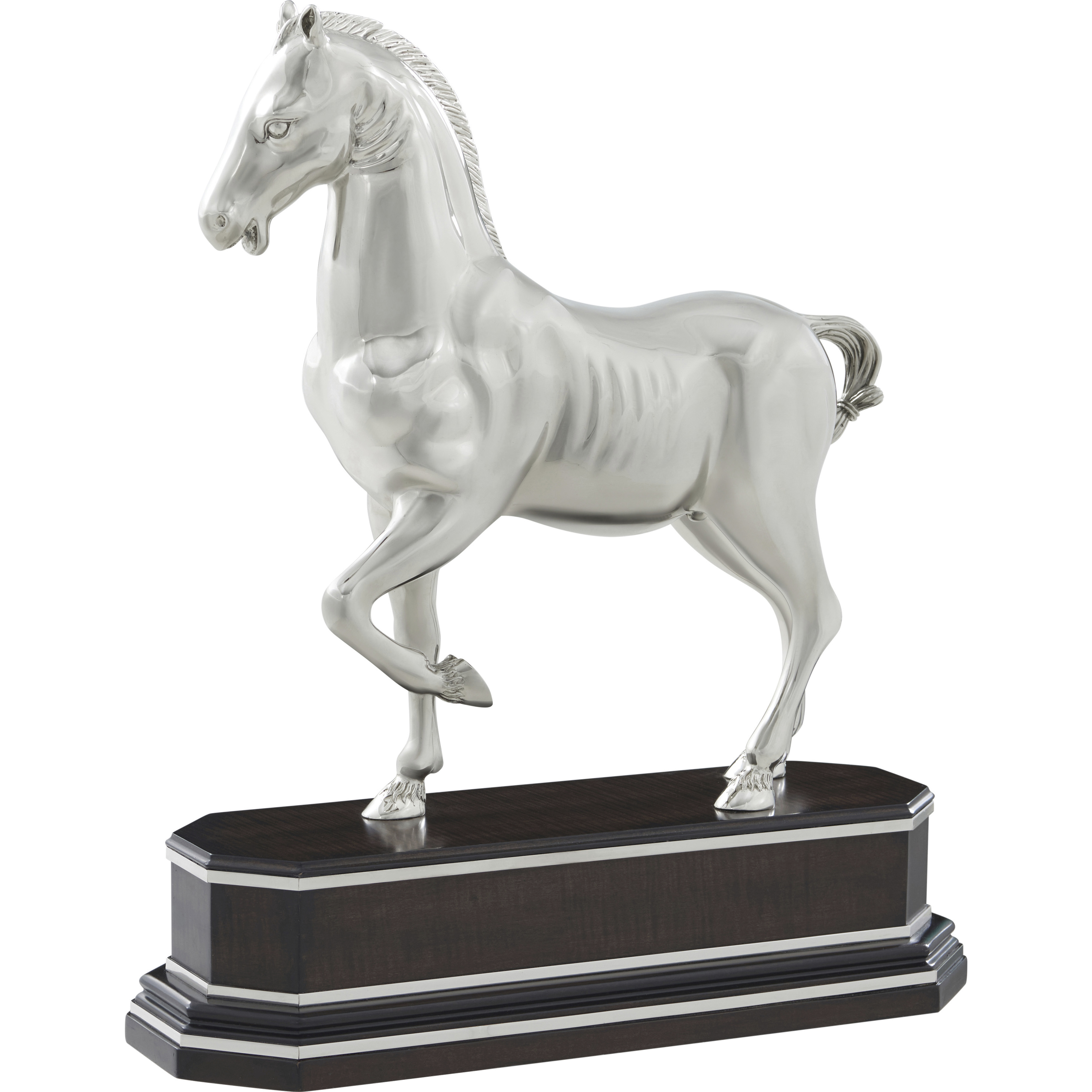 Dressage Nickel Plated Brass Horse, Wooden Base, Spencer London