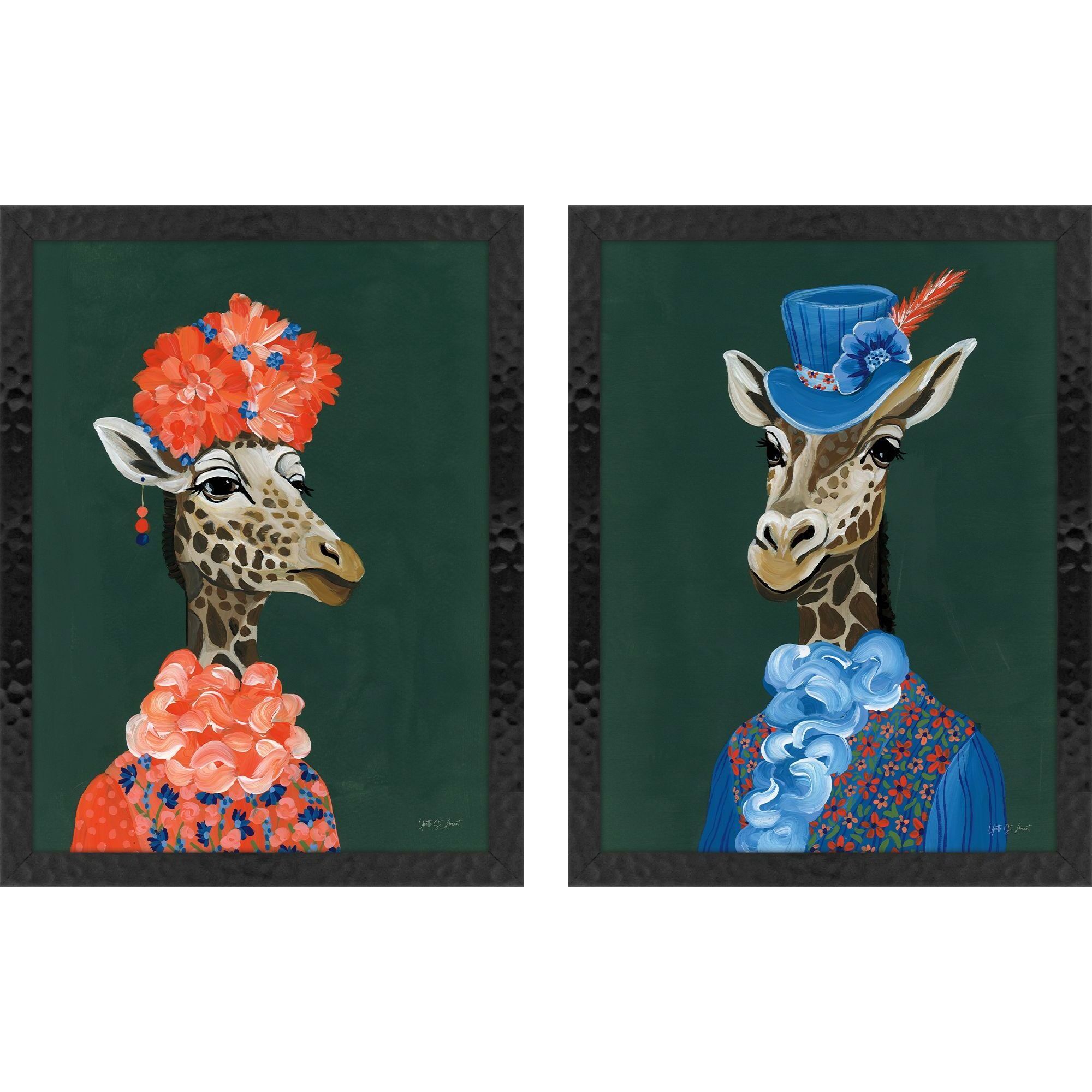 Miami Alpaca / Miami Giraffe / Miami Lion Green and Orange and Red and Blue Framed Art, Propac