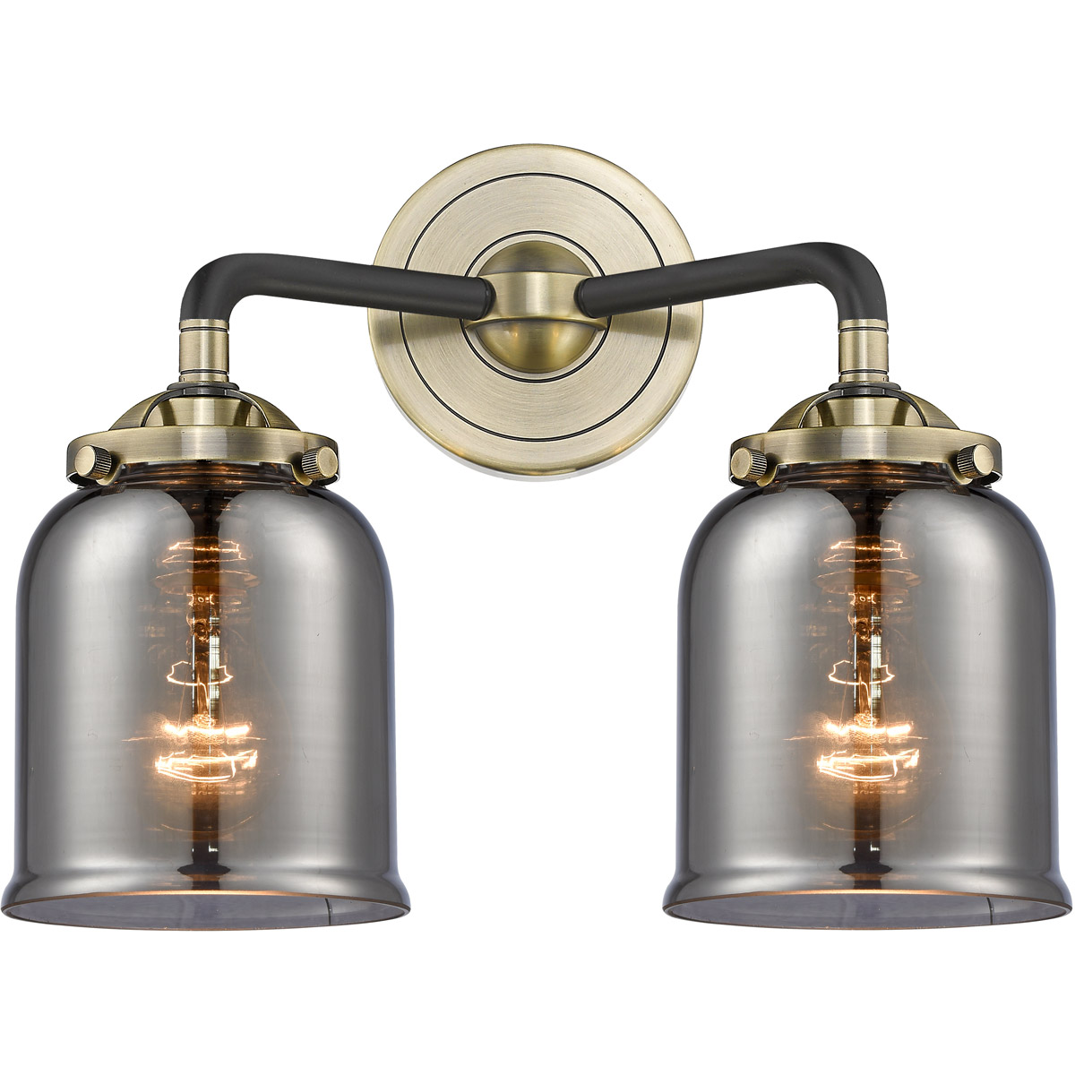 Nouveau Small Bell 2 Light 13 inch Black Antique Brass Bath Vanity Light Wall Light in Plated Smoke Glass, Nouveau
