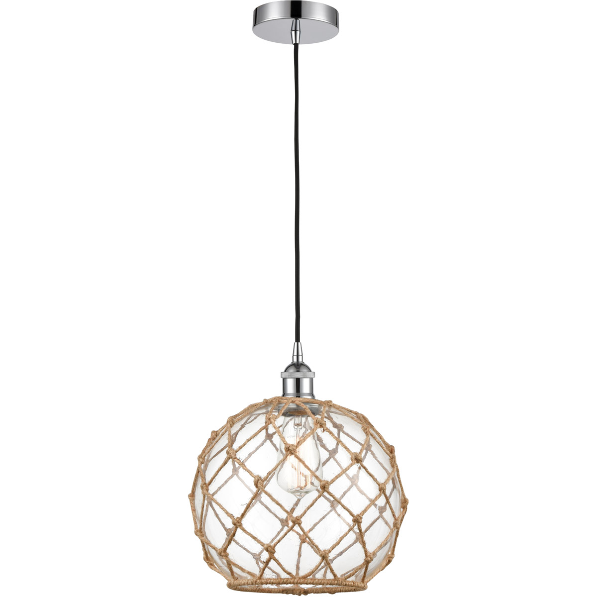Edison Farmhouse Rope LED 10 inch Polished Chrome Mini Pendant Ceiling Light in Clear Glass with Brown Rope