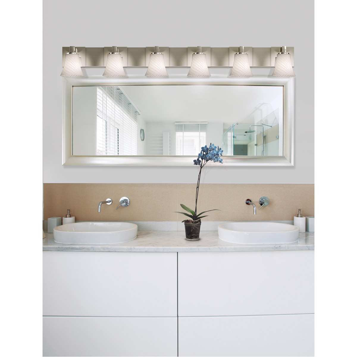Fusion 6 Light 55.5 inch Brushed Nickel Bath Bar Wall Light in Cylinder with Flat Rim, Incandescent, Frosted Crackle Fusion