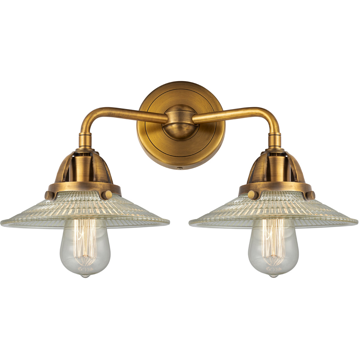 Nouveau 2 Halophane 2 Light 17 inch Brushed Brass Bath Vanity Light Wall Light in Clear Halophane Glass